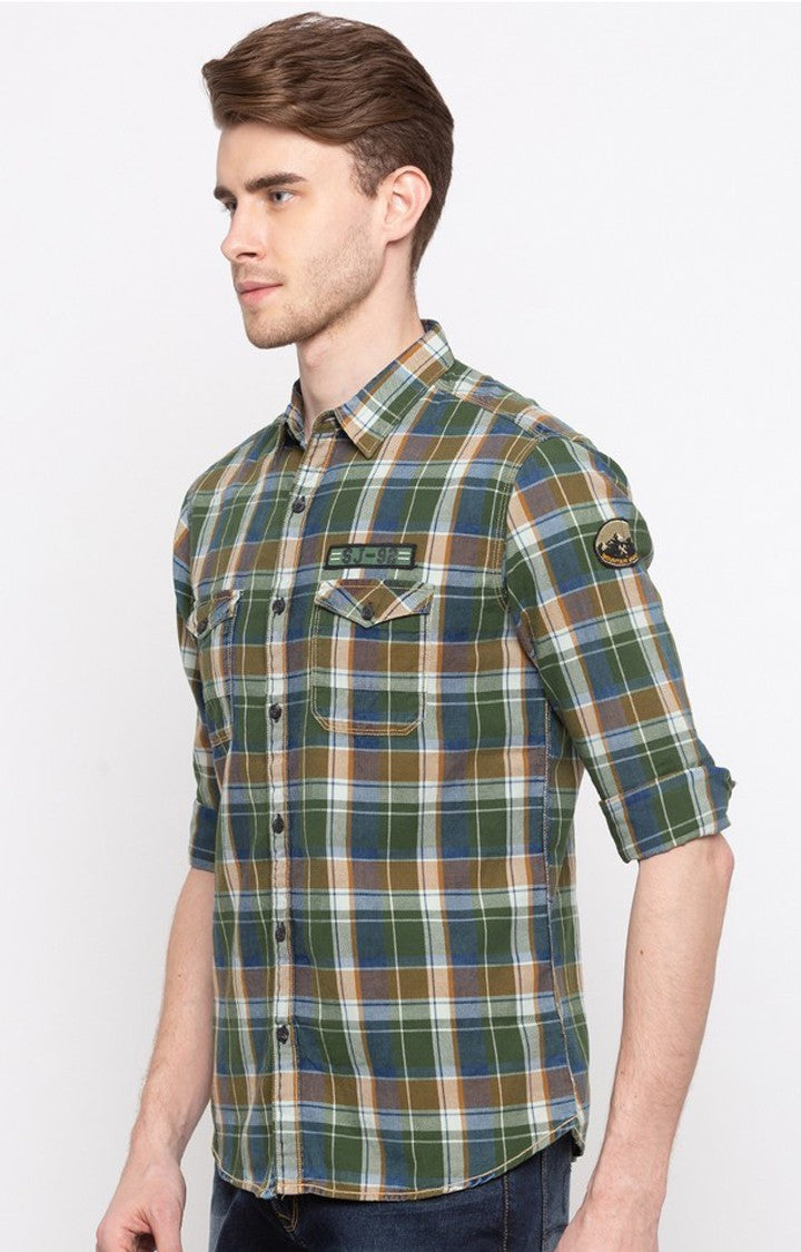 Spykar Men'S Green Cotton Checked Casual Shirts