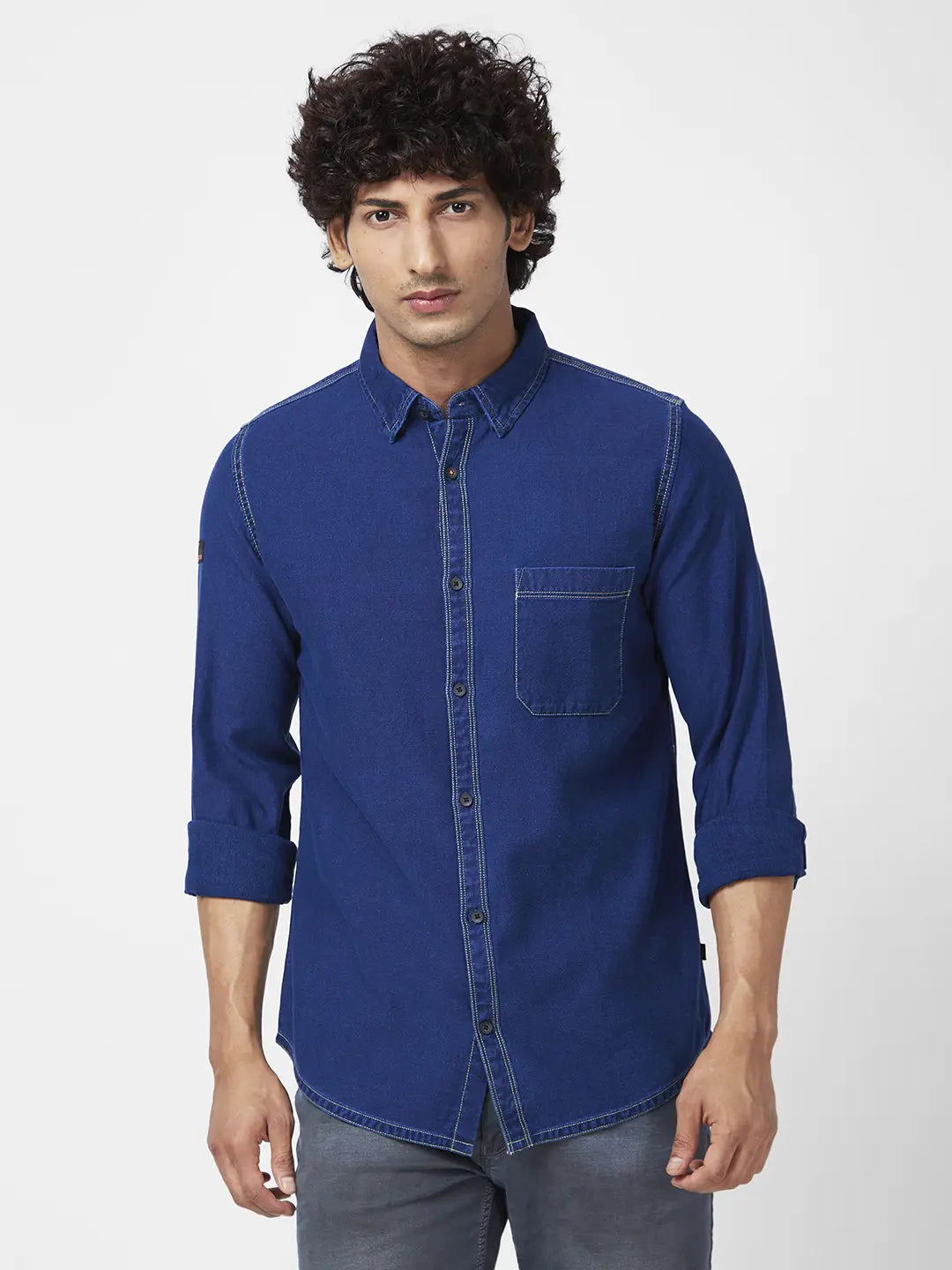 Buy Men Light Blue Cotton Full Sleeve Denim Shirt - Spykar