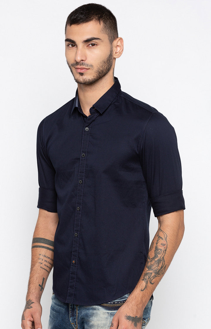 Spykar Men'S Blue Cotton Solid Casual Shirts