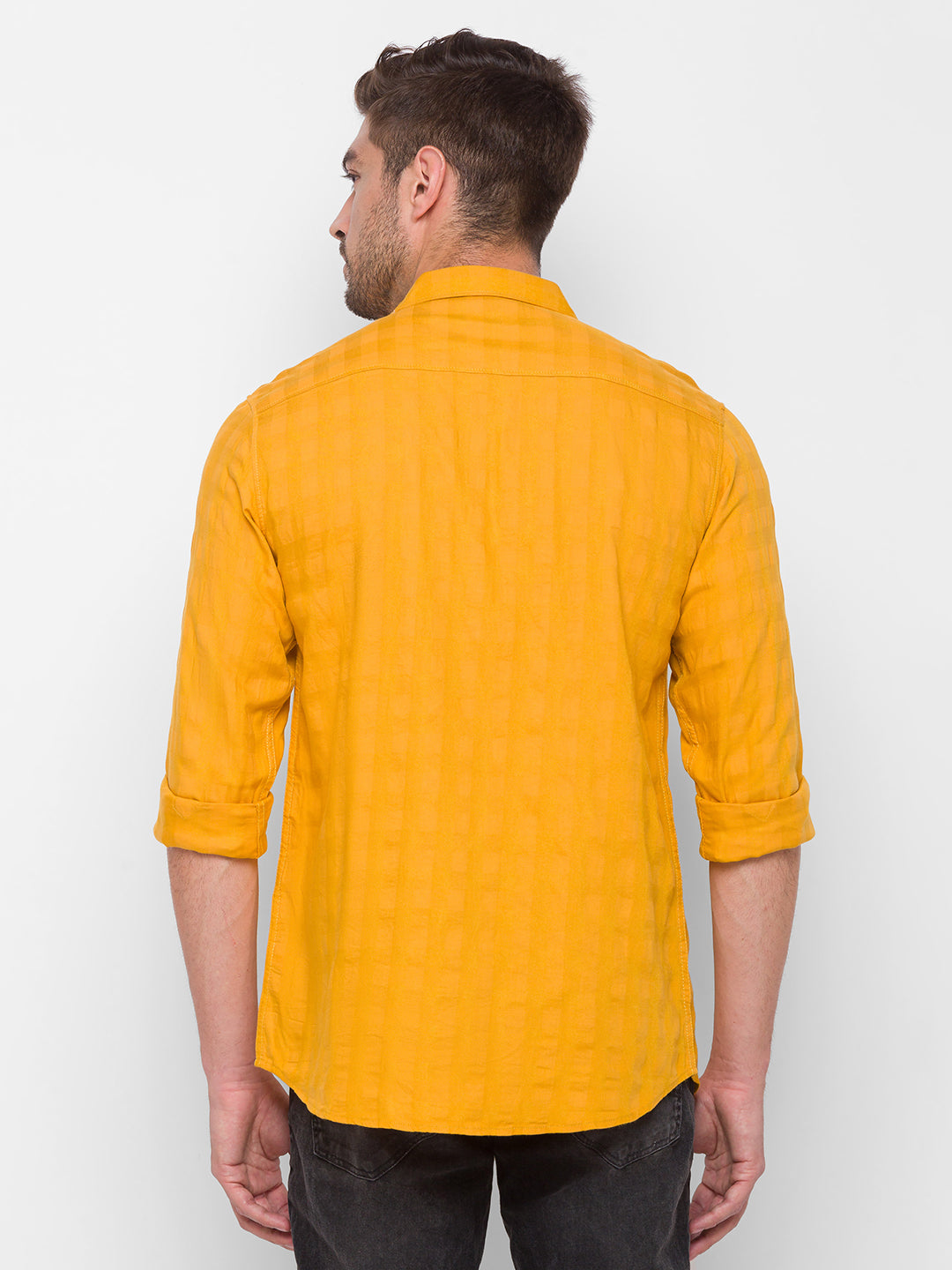 Spykar Yellow Cotton Slim Fit Shirts For Men