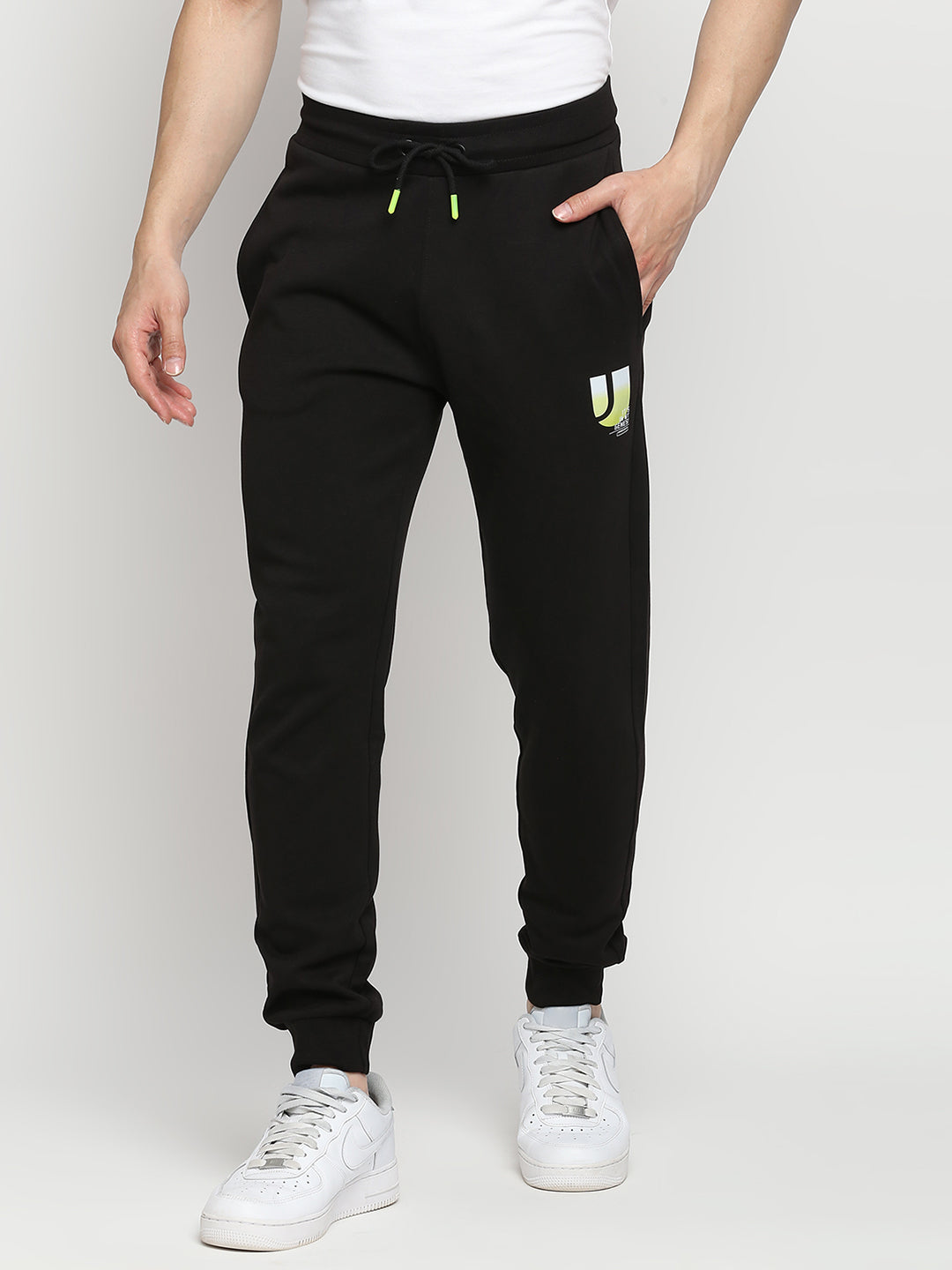 Men Cotton Blend Knitted Black Trackpant - Underjeans by Spykar
