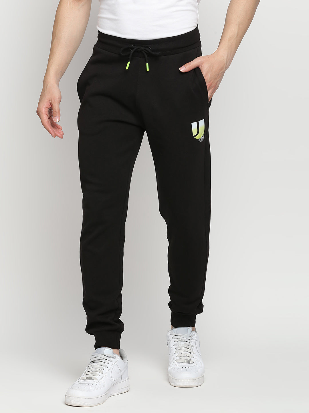 Men Premium Cotton Blend Knitted Black Trackpant - Underjeans By Spykar