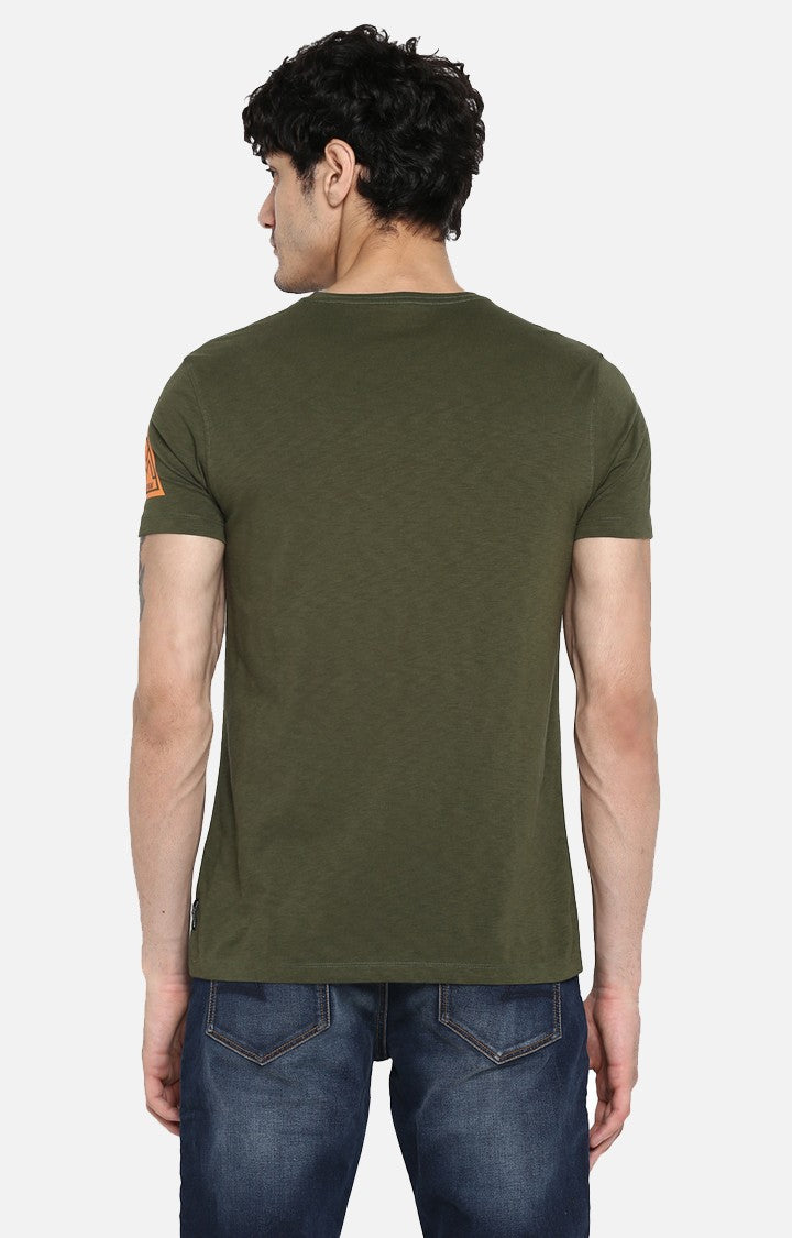 Spykar Olive Green Printed Slim Fit Men T-Shirts