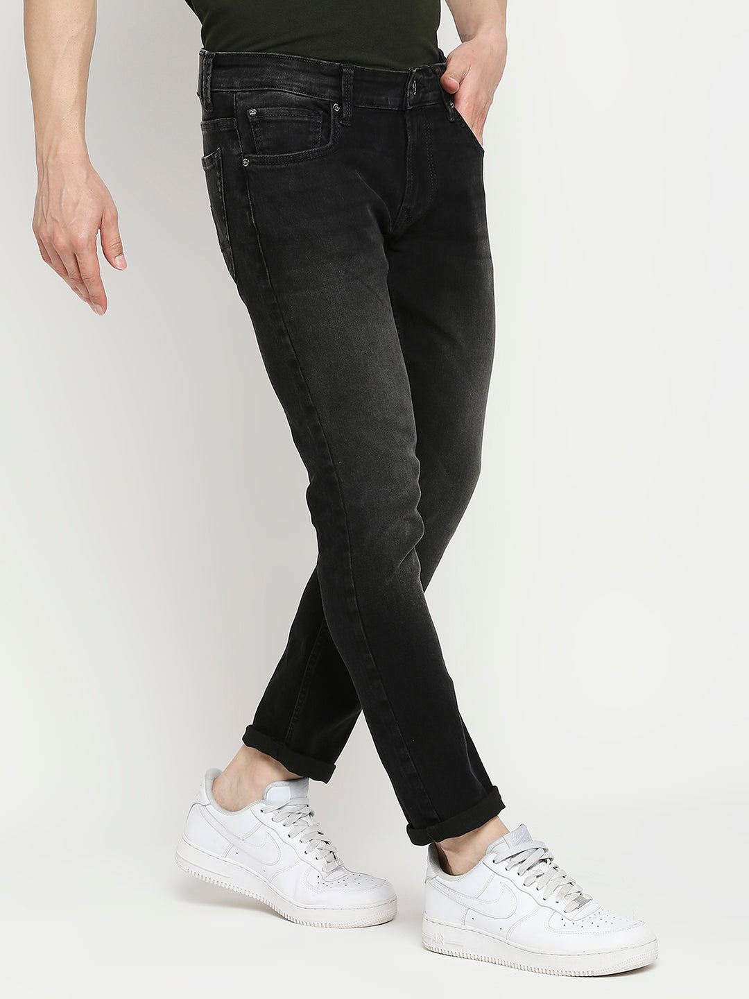 Spykar Charcoal Black Cotton Slim Fit Narrow Length Jeans For Men (Skinny)