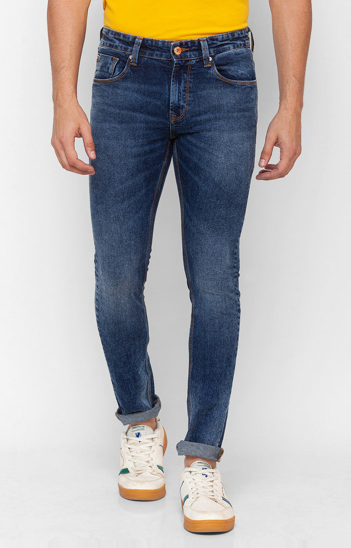 Spykar Dark Blue Cotton Super Slim Fit Tapered Length Jeans For Men (Super Skinny)
