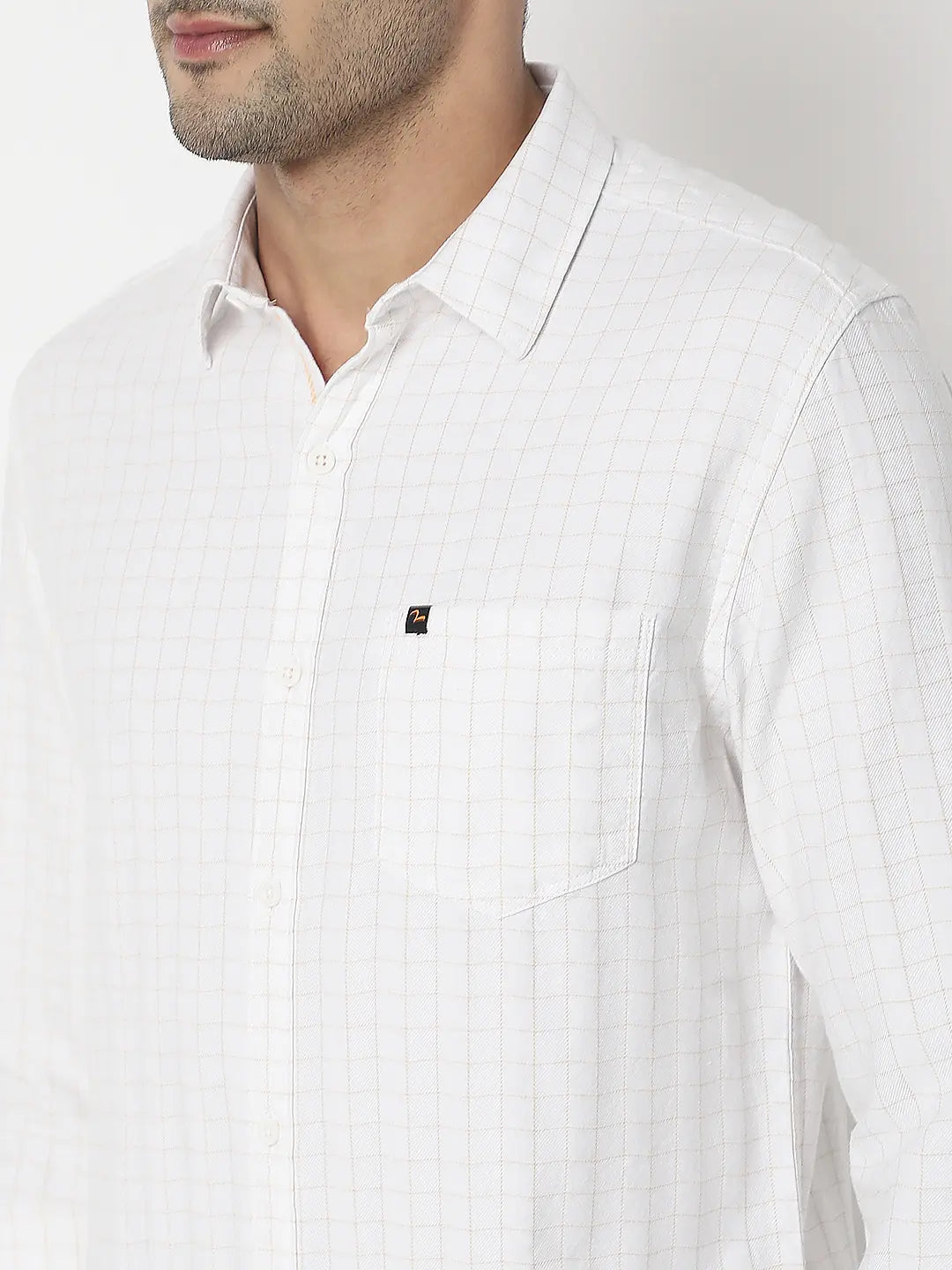 Spykar Men White & Khaki Cotton Slim Fit Checkered Shirt