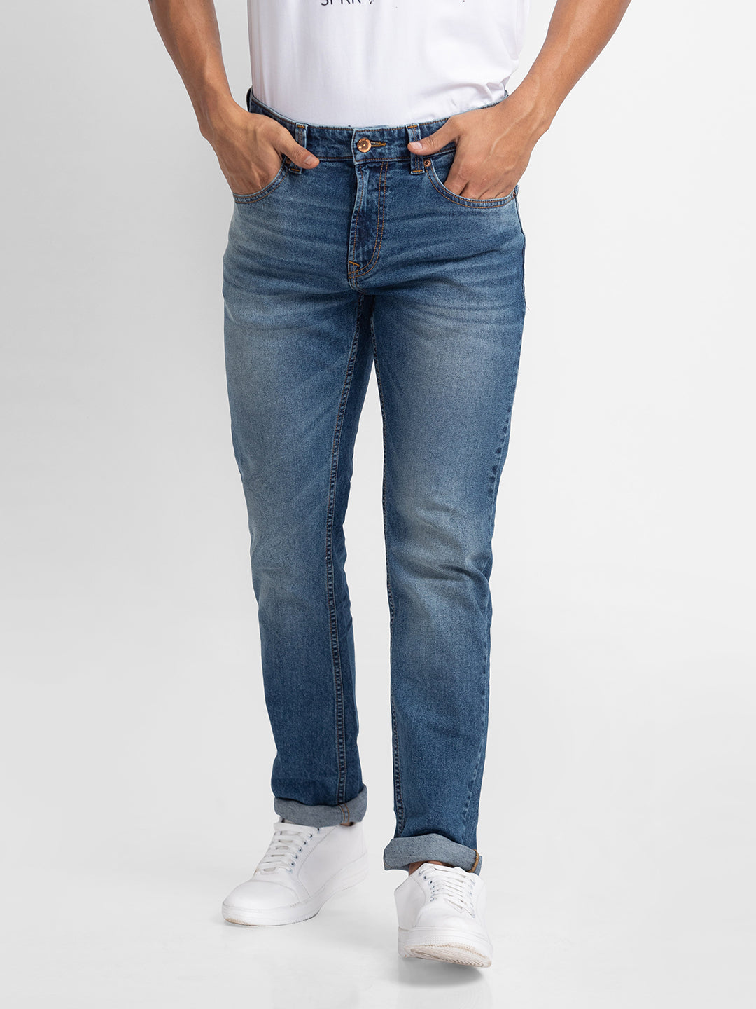 Spykar Vintage Blue Cotton Comfort Fit Straight Length Jeans For Men (Ricardo)