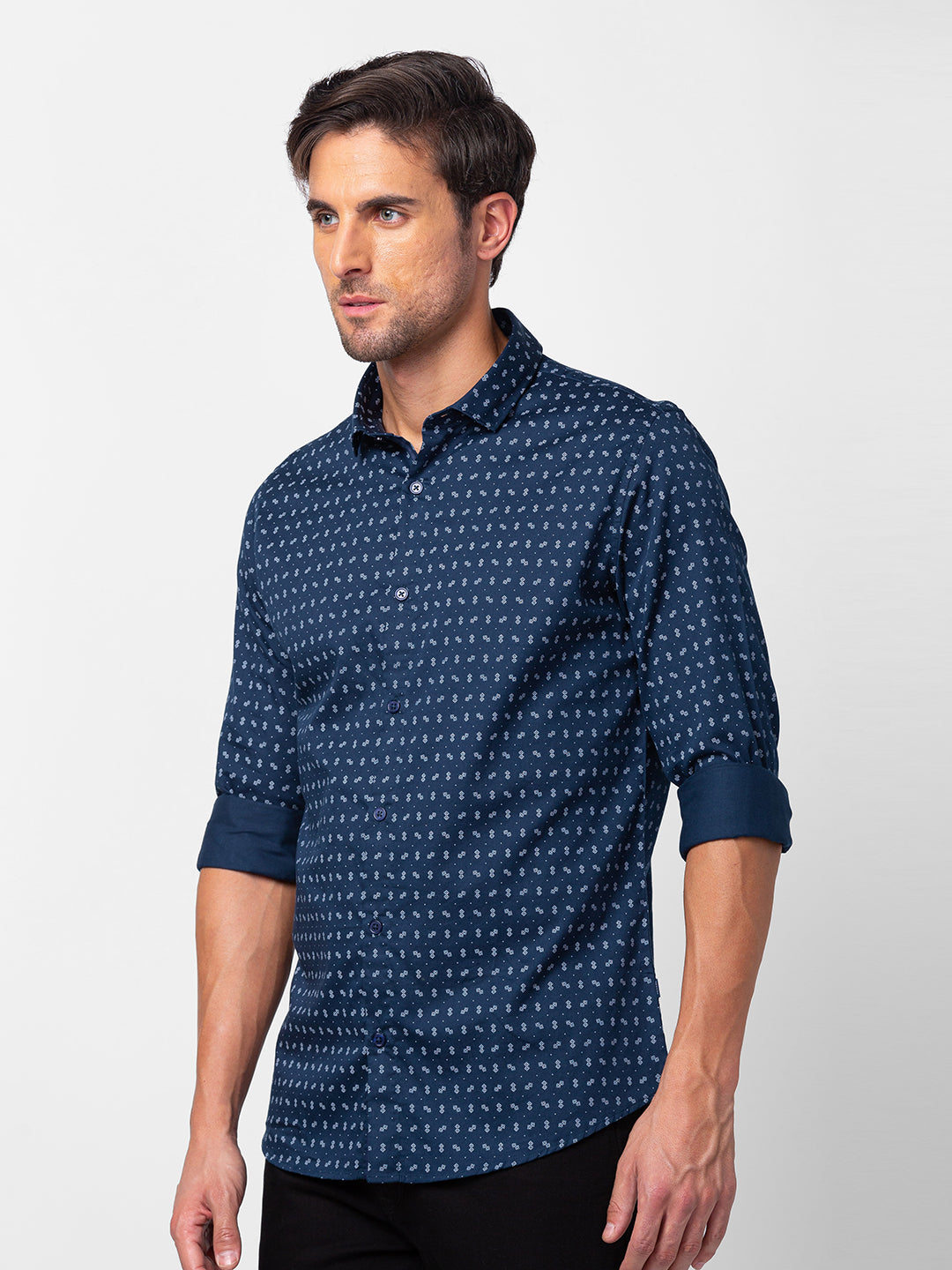 Spykar Men Navy Blue Cotton Slim Fit Printed Shirt