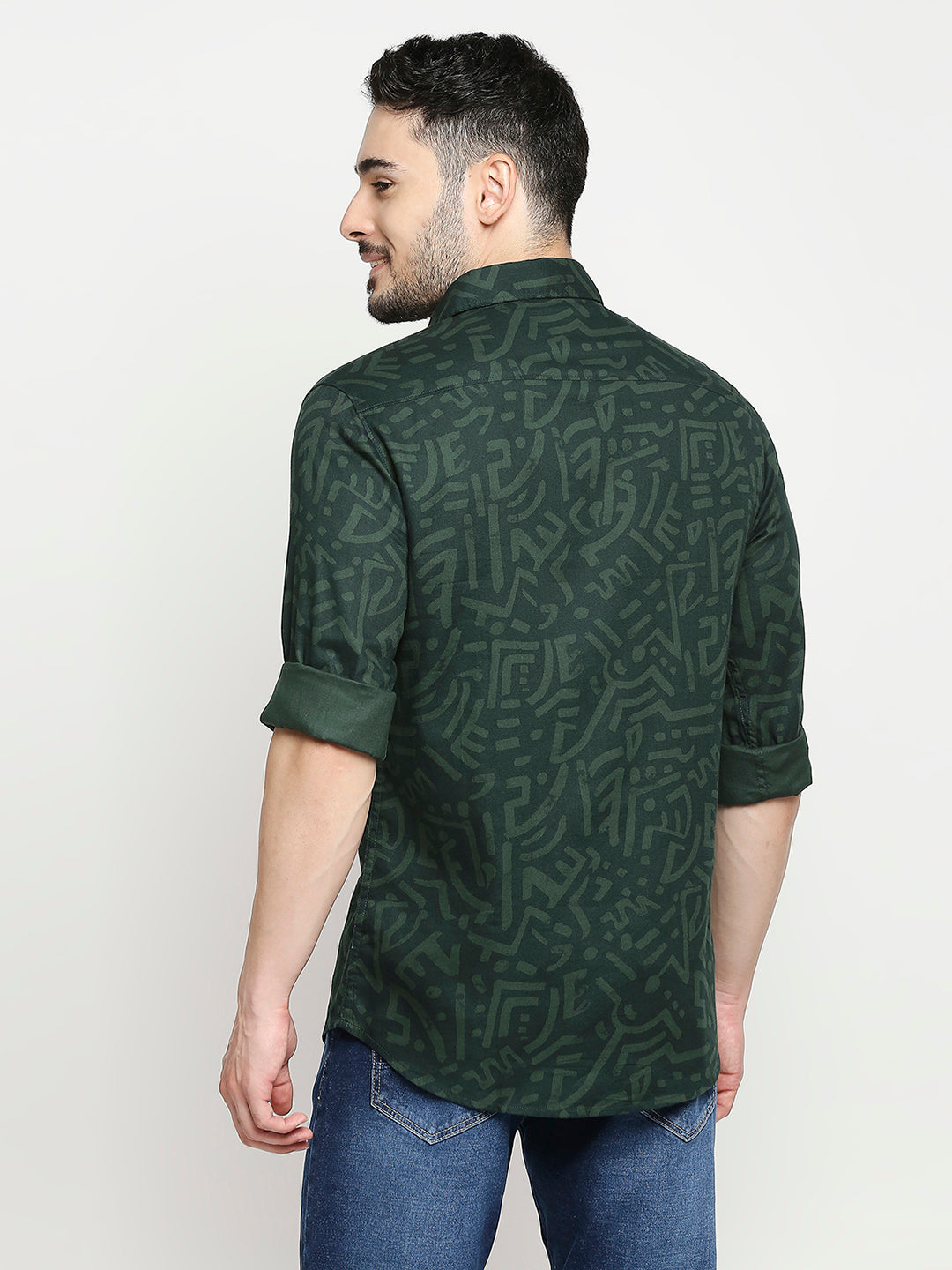 Spykar Bottle Green Cotton Full Sleeve Printed Shirt For Men