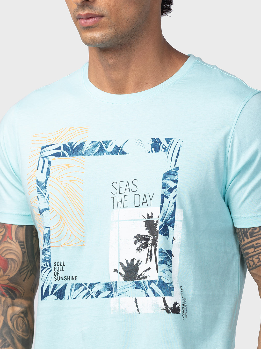 Spykar Men Bleached Aqua Cotton Regular Fit Half Sleeve Printed T-Shirt