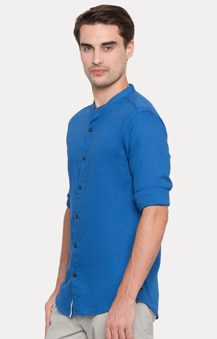 Spykar Men'S Blue Cotton Solid Casual Shirts