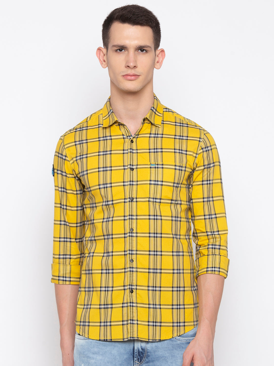 Spykar Men Yellow Checked Slim Fit Casual Shirt