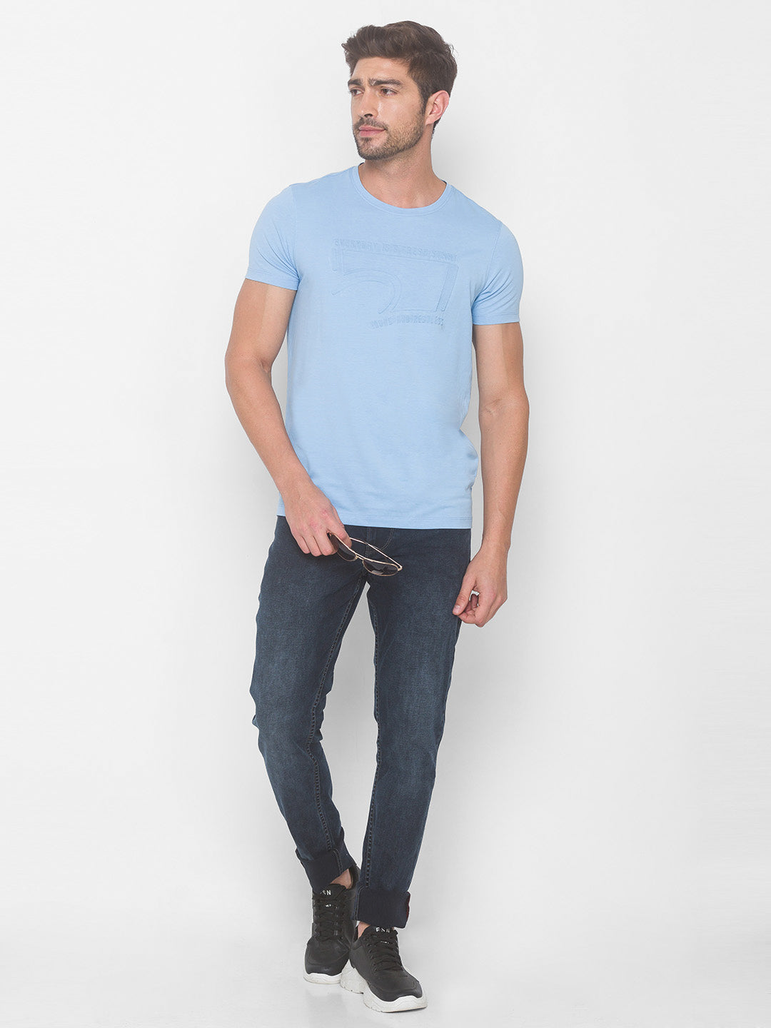 Spykar Men Blue Cotton Slim Fit Round Neck T-Shirt