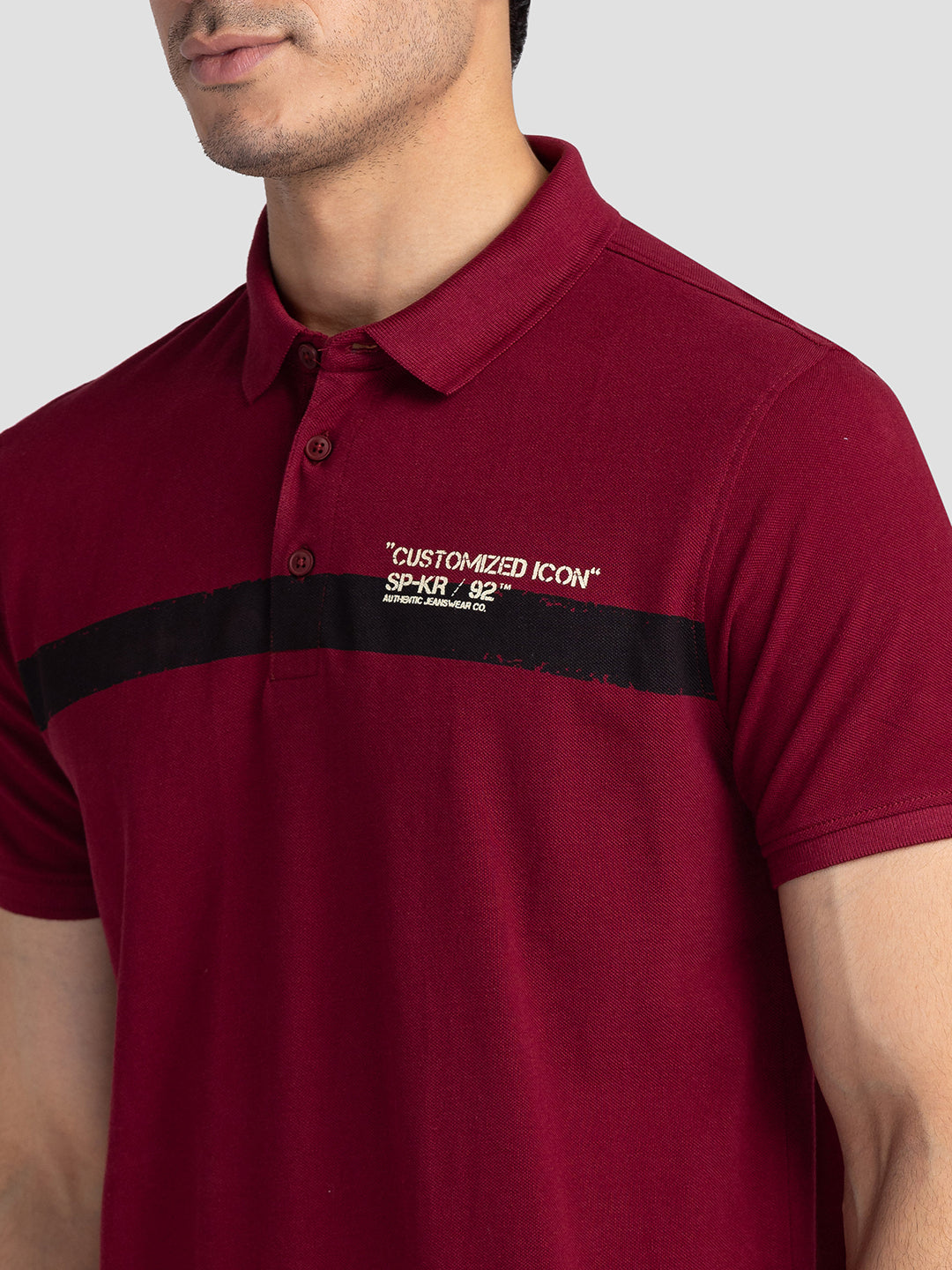 Spykar Men Berry Red Cotton Slim Fit Polo Printed T-Shirt