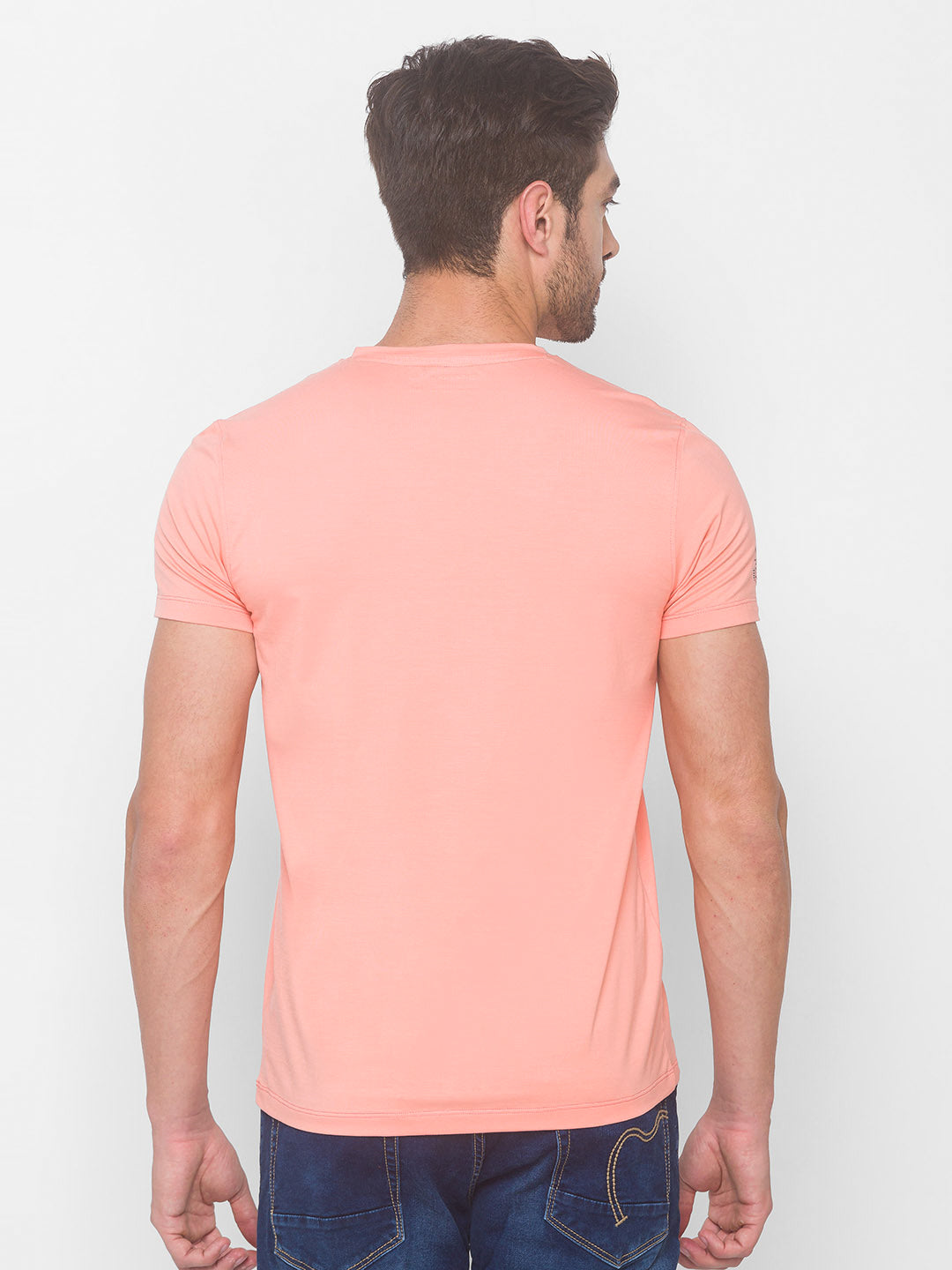 Spykar Men Pink Cotton Slim Fit V-Neck T-Shirt