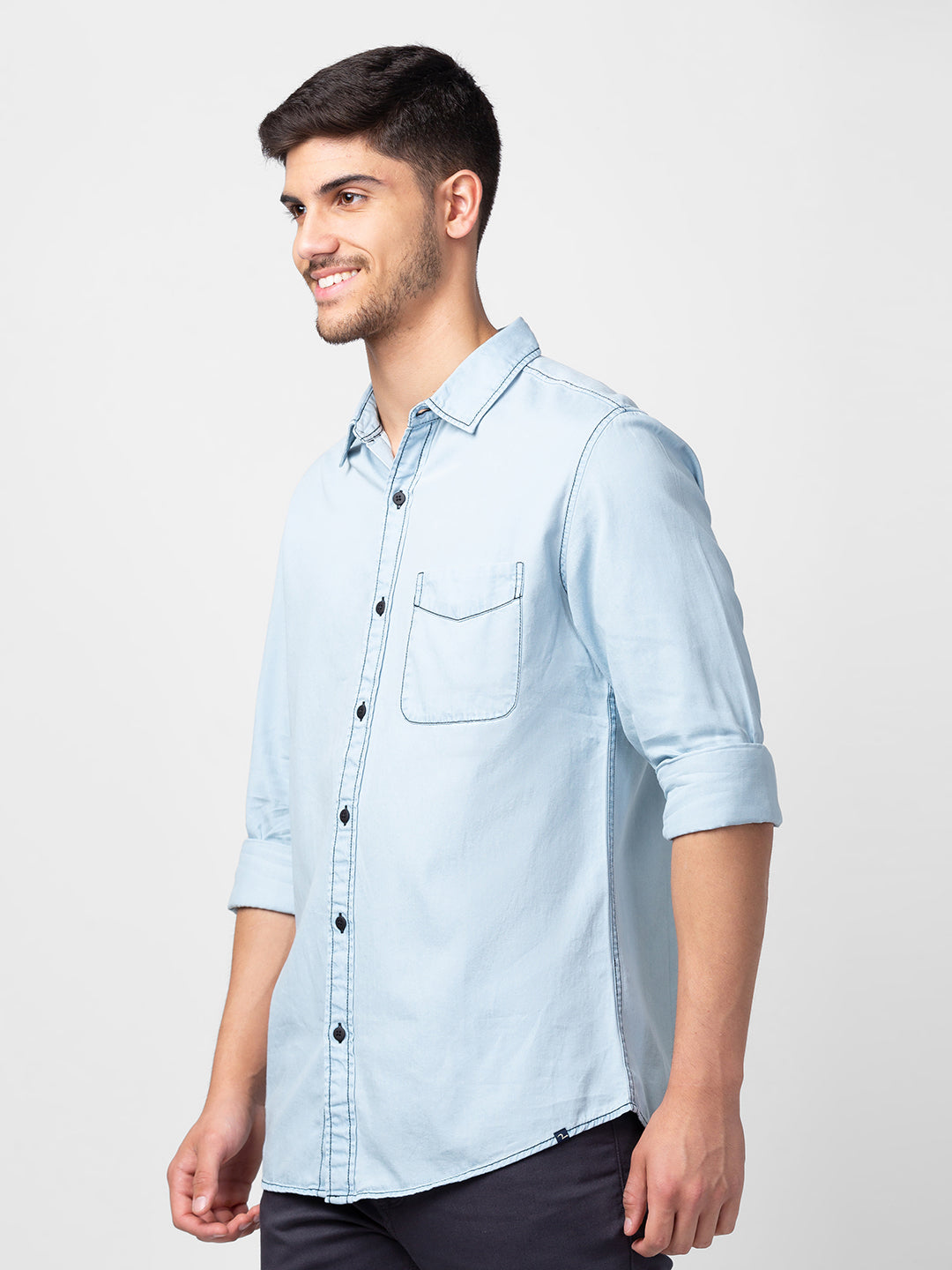 Spykar Men Light Blue Cotton Slim Fit Denim Shirt