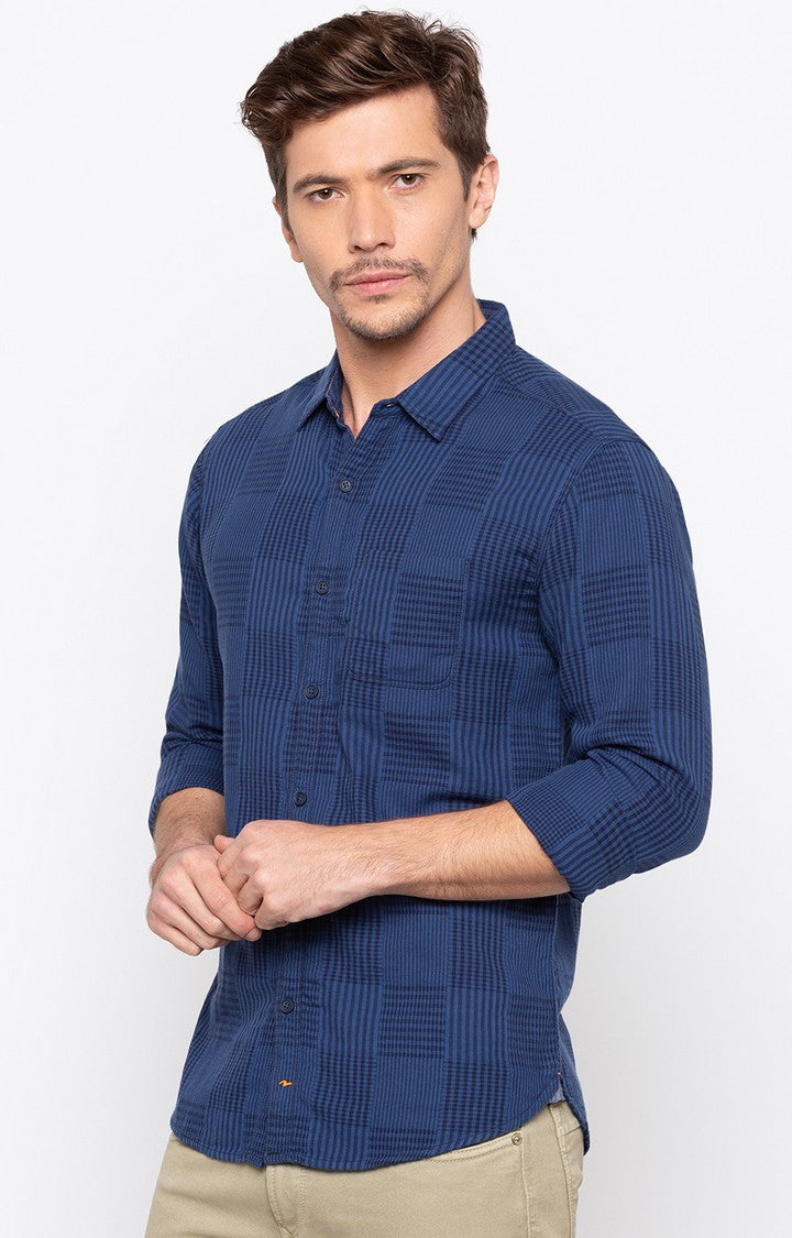 Spykar Men'S Blue Cotton Checked Casual Shirts