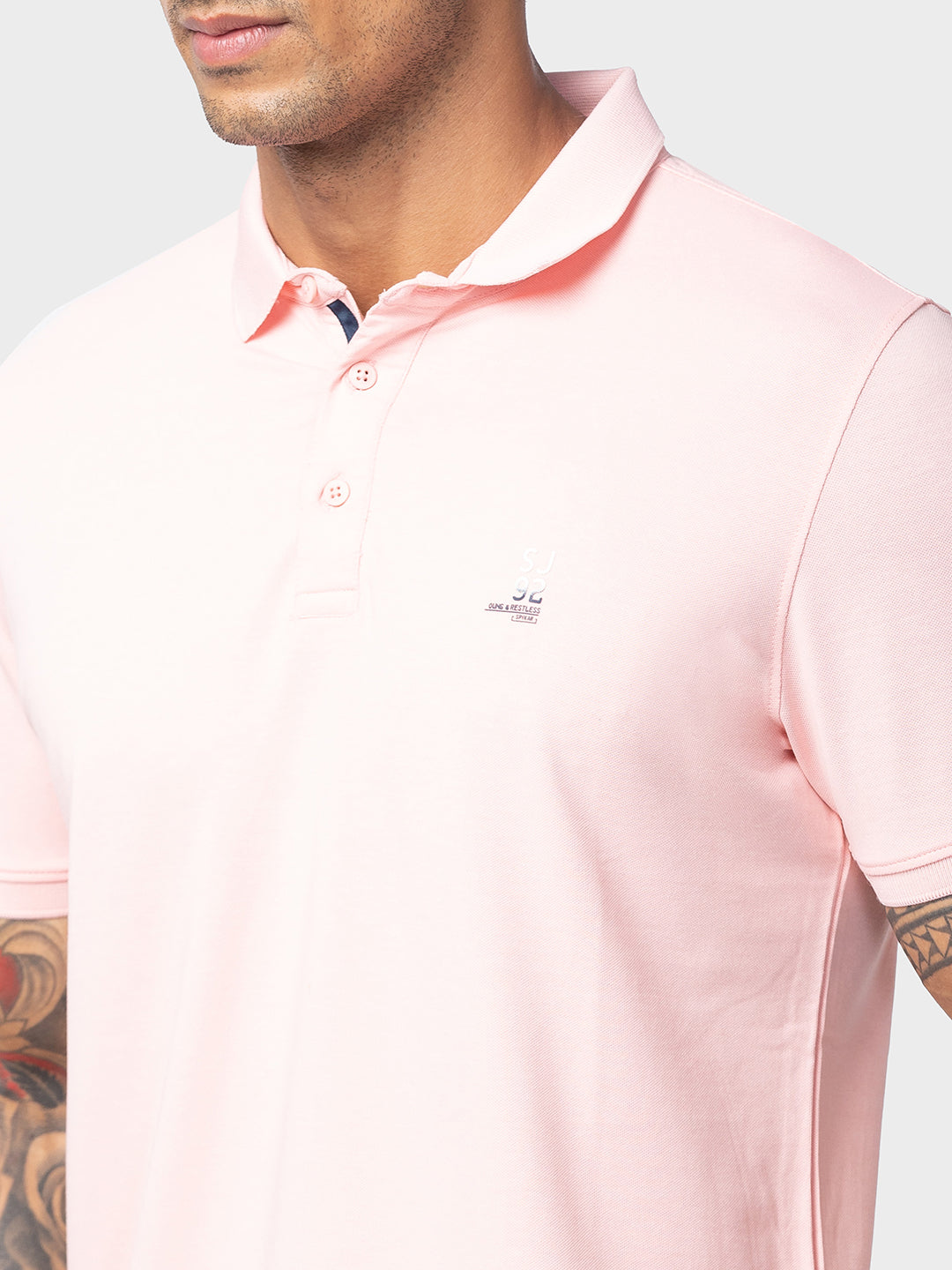 Spykar Men Light Peach Cotton Regular Fit Half Sleeve Plain Polo T-Shirt