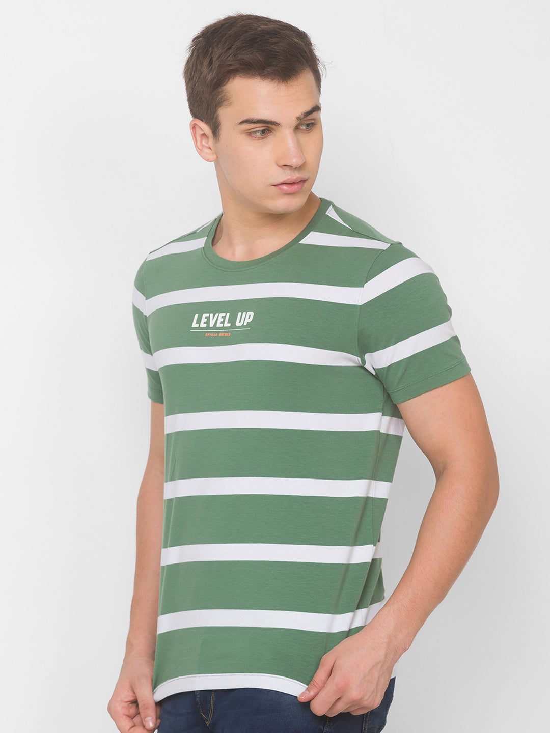 Spykar Men Green Cotton Slim Fit Round Neck T-Shirt