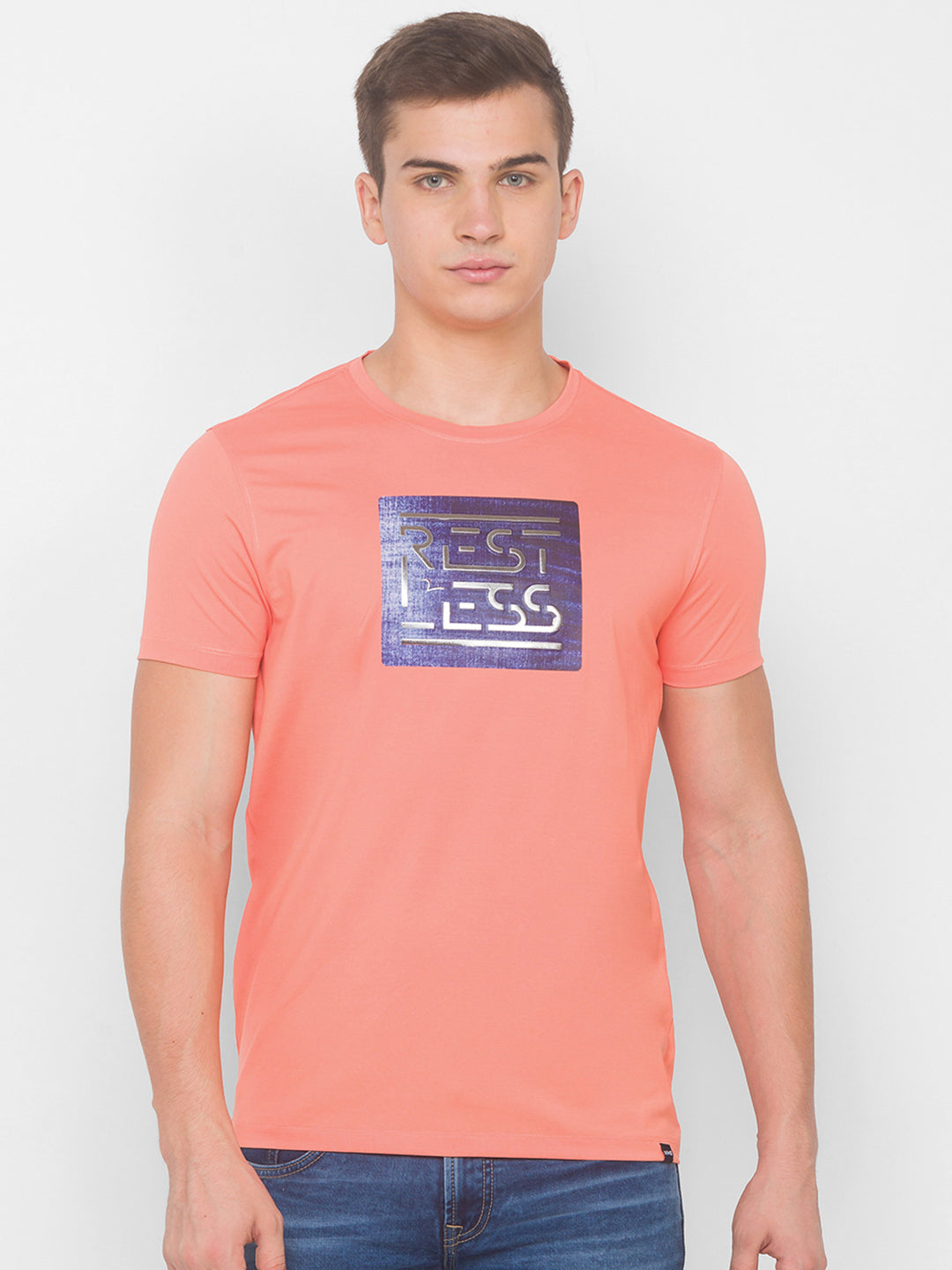 Spykar Men Pink Cotton Blend Slim Fit Round Neck T-Shirt