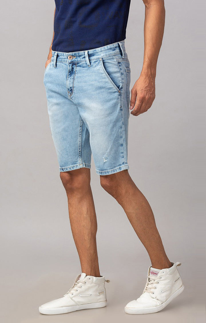 Spykar Men Ligth Blue Cotton Slim Fit Denim Shorts