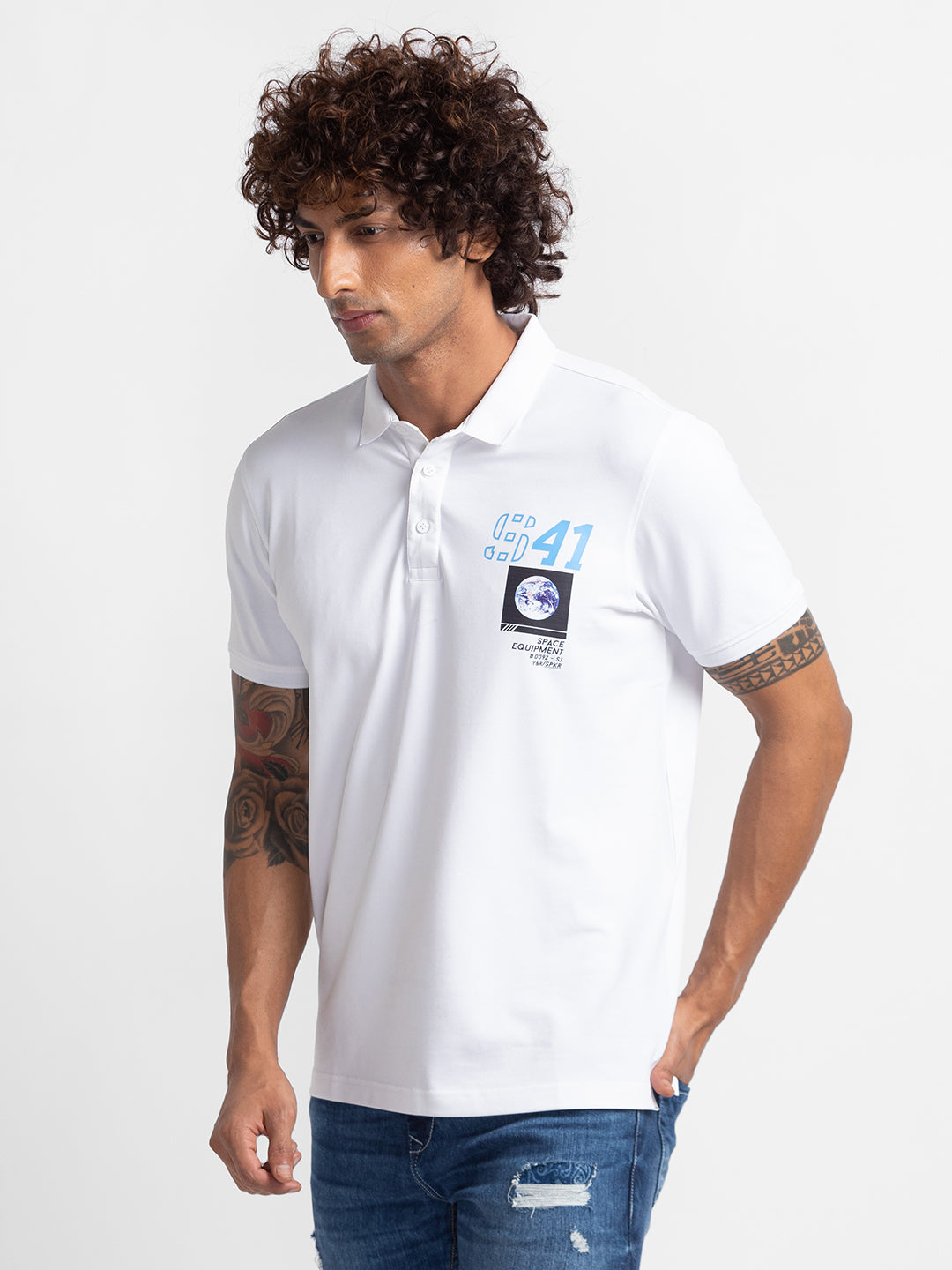 Spykar White Cotton Half Sleeve Plain Polo T-Shirt For Men