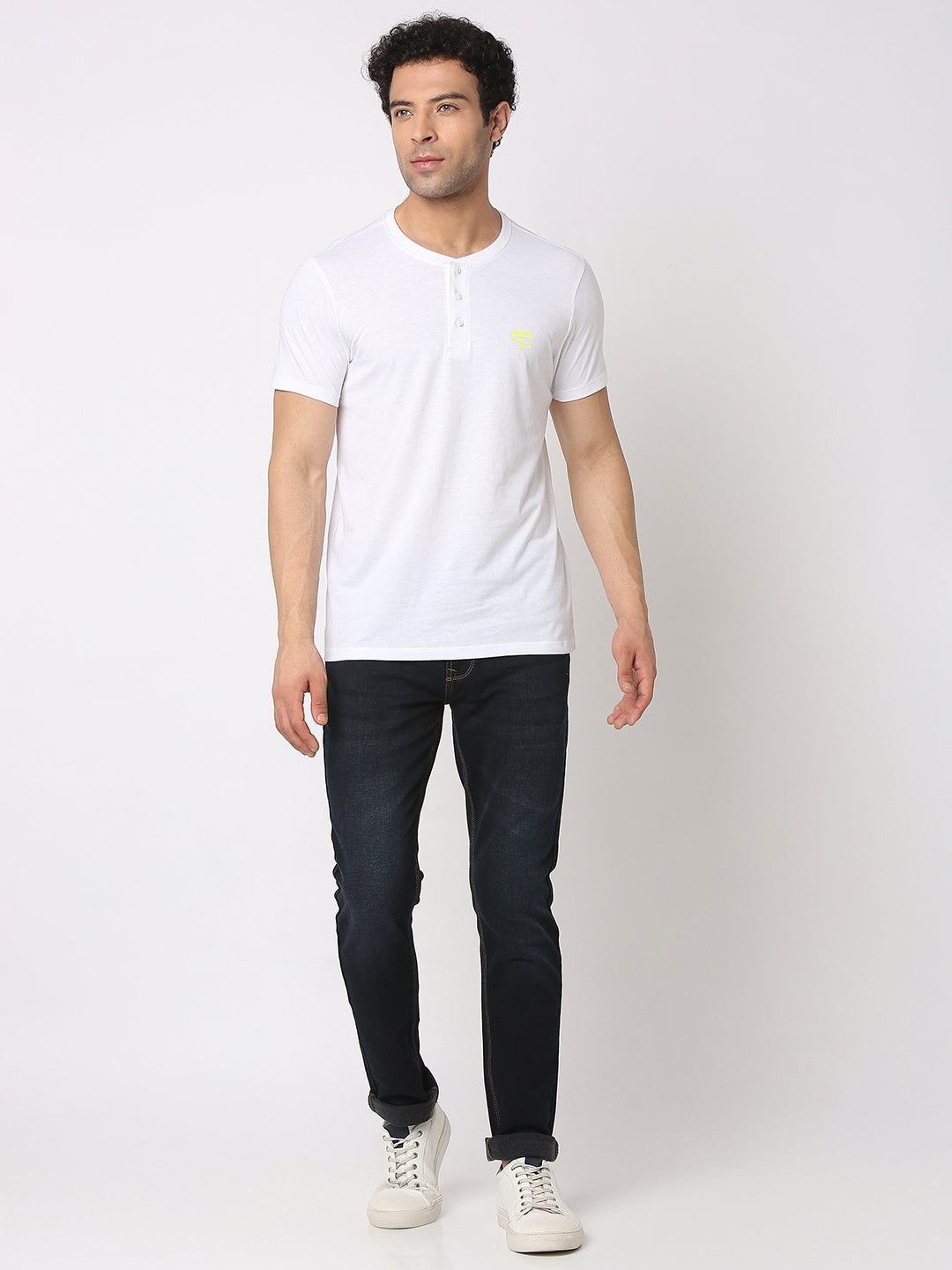 Spykar Men White Cotton Slim Fit Henley Neck Plain T-Shirt