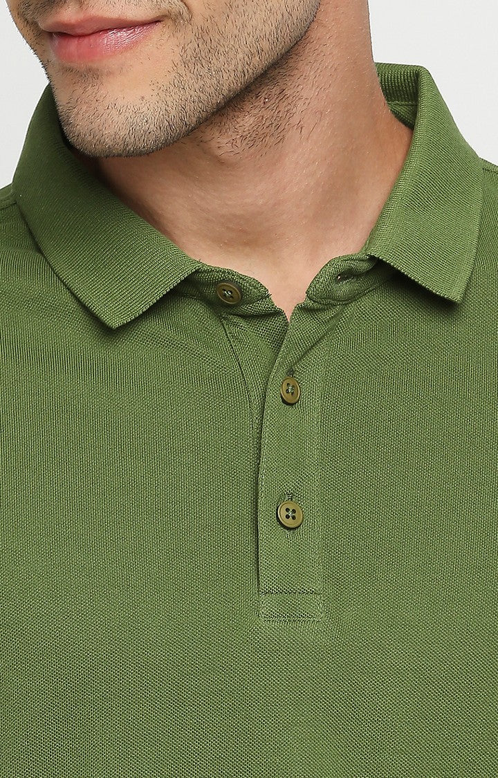 Spykar Men Green Cotton Slim Fit Round Neck Polo T-Shirt