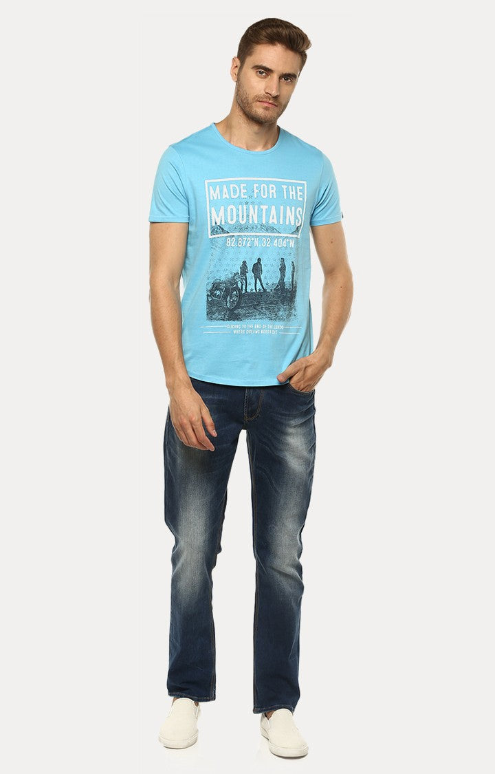 Spykar Sky Blue Printed Slim Fit Men T-Shirts