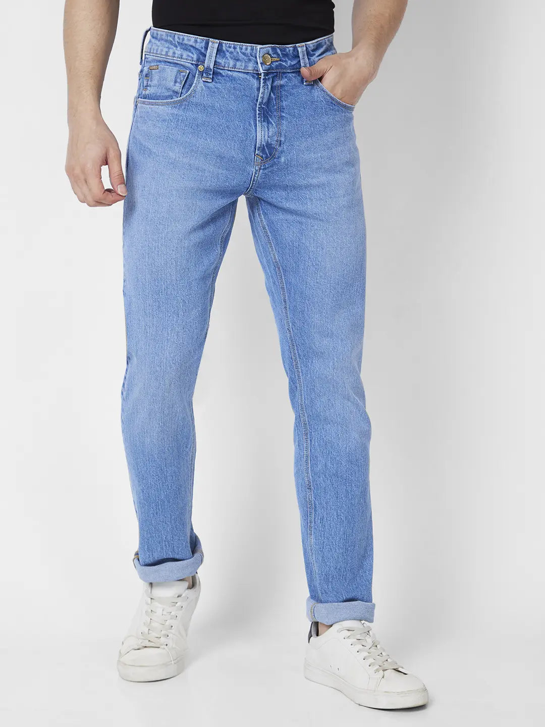 Spykar Men Light Blue Cotton Stretch Regular Fit Narrow Length Clean Look Mid Rise Jeans (Rover)