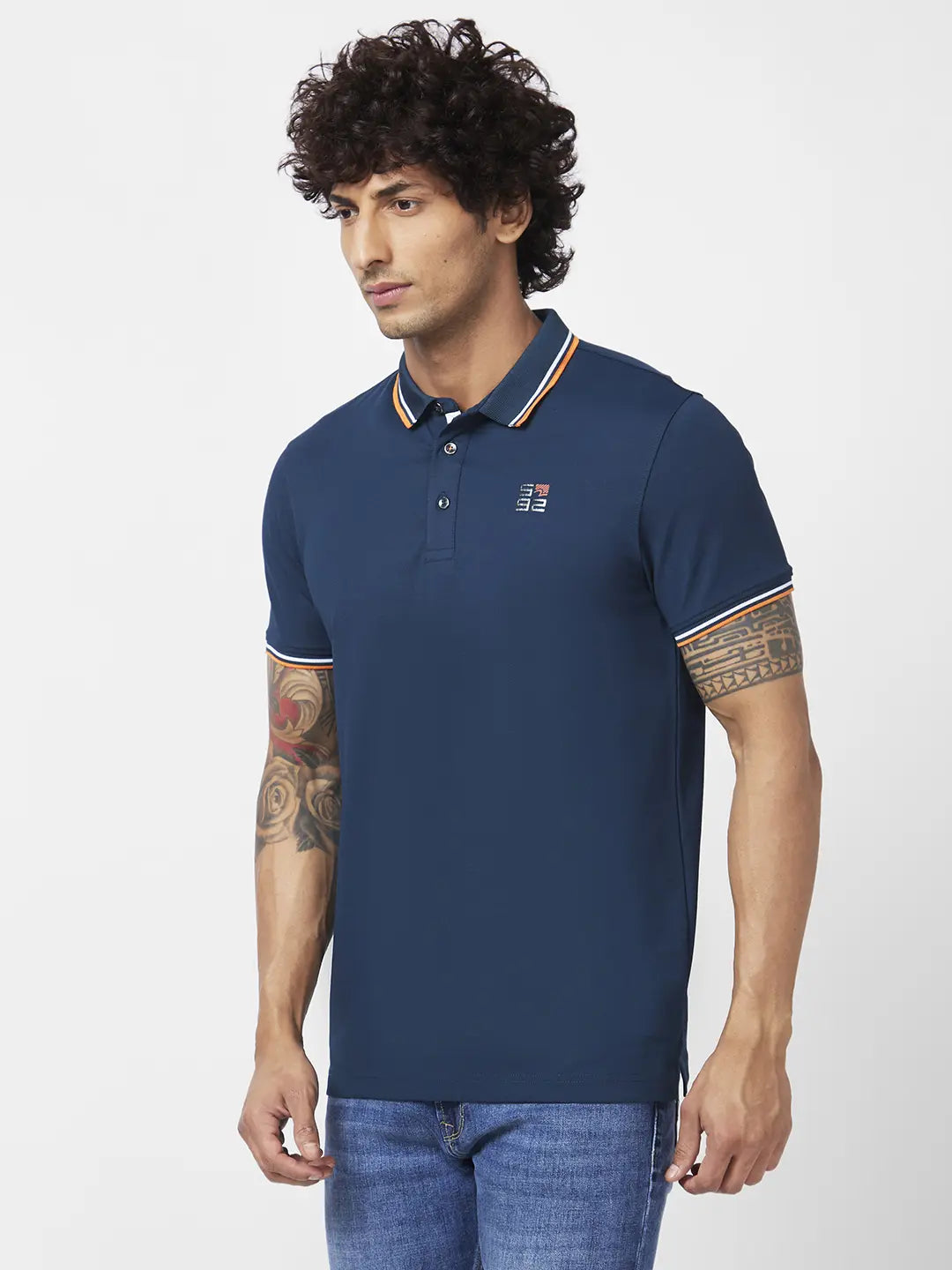 Spykar Men Teal Blue Blended Slim Fit Half Sleeve Polo Neck Plain Tshirt