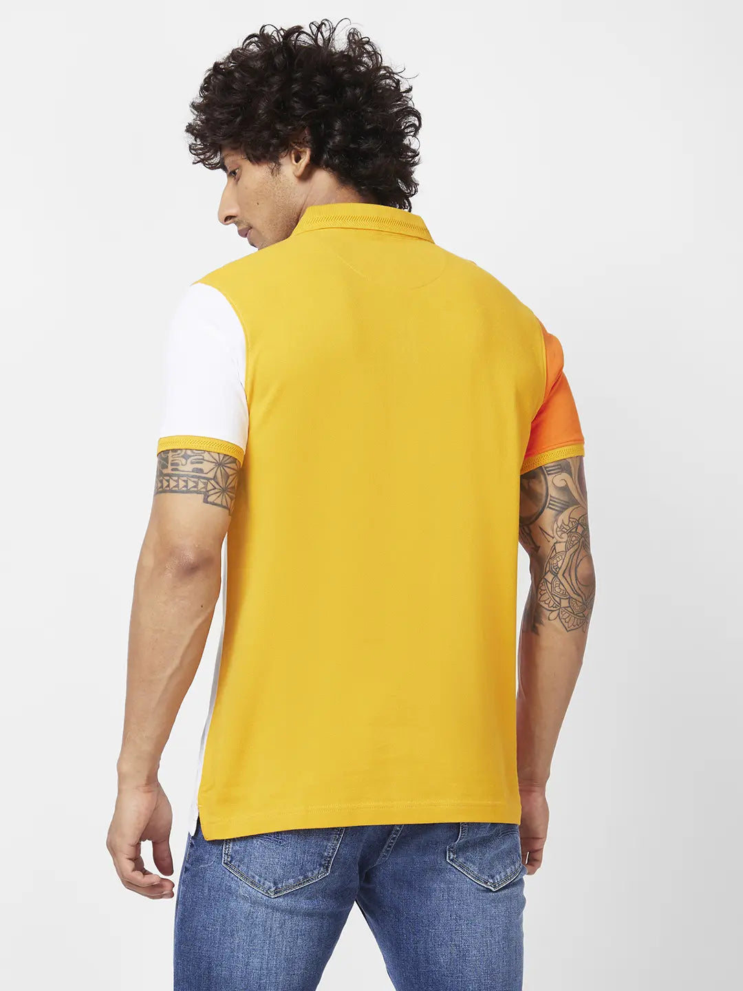 Spykar Men Mustard Yellow Cotton Slim Fit Half Sleeve Polo Neck Printed Tshirt