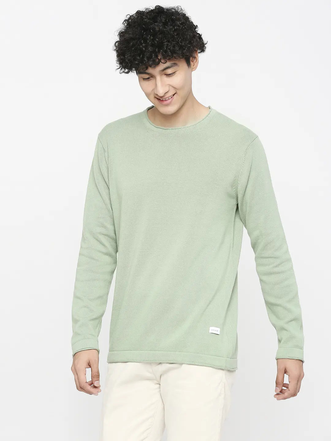 Spykar Pista Green Cotton Full Sleeve Casual Sweater For Men
