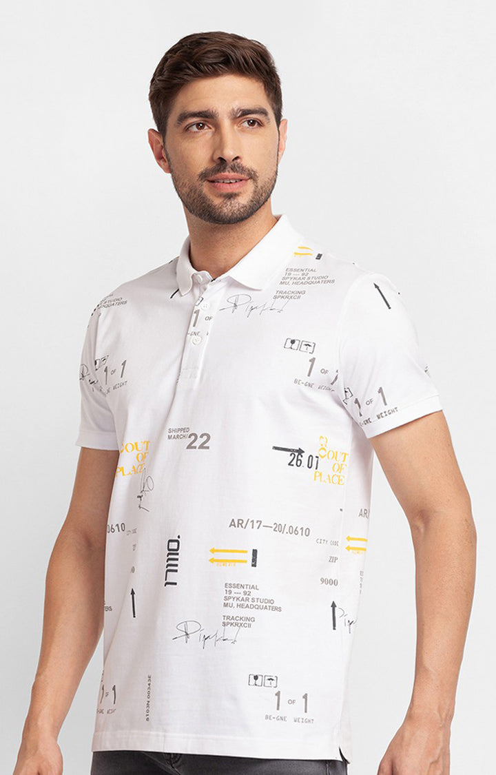 Spykar White Cotton Half Sleeve Printed Casual Polo T-Shirt For Men