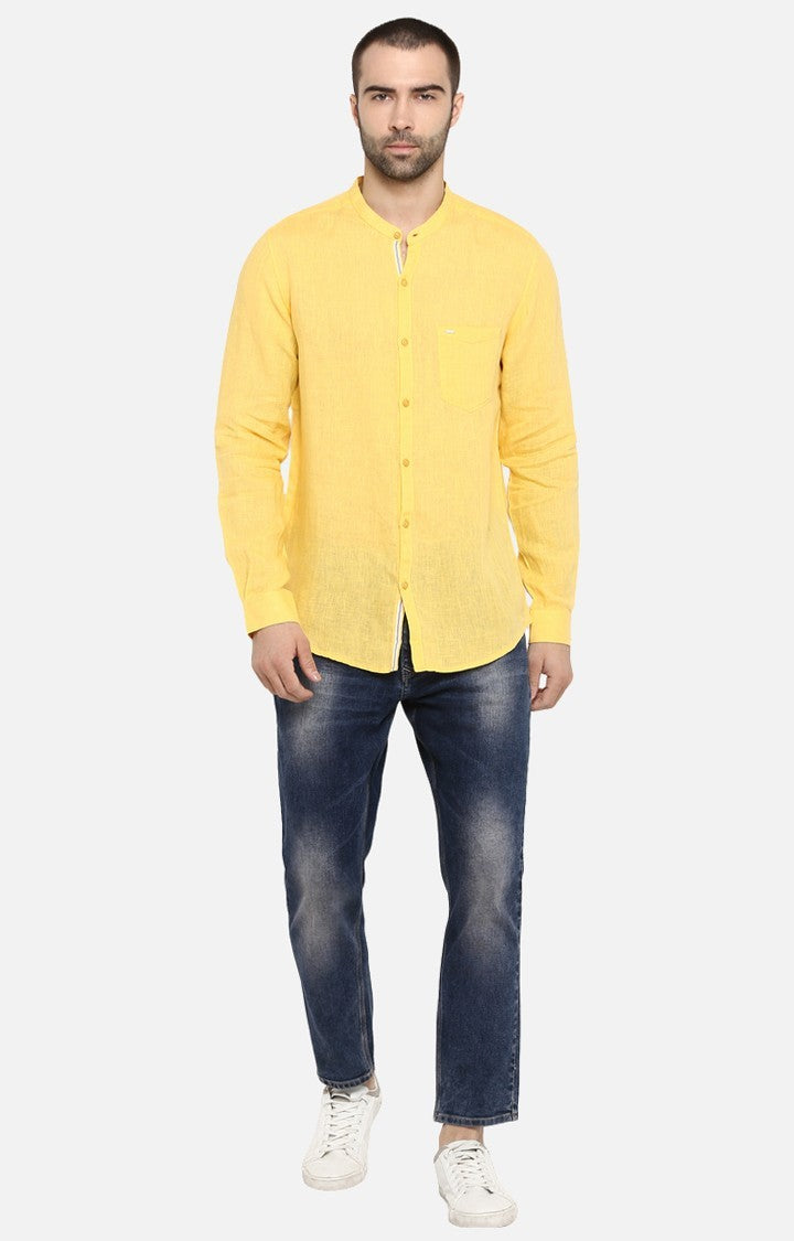 Spykar Yellow Linen Slim Fit Shirts For Men