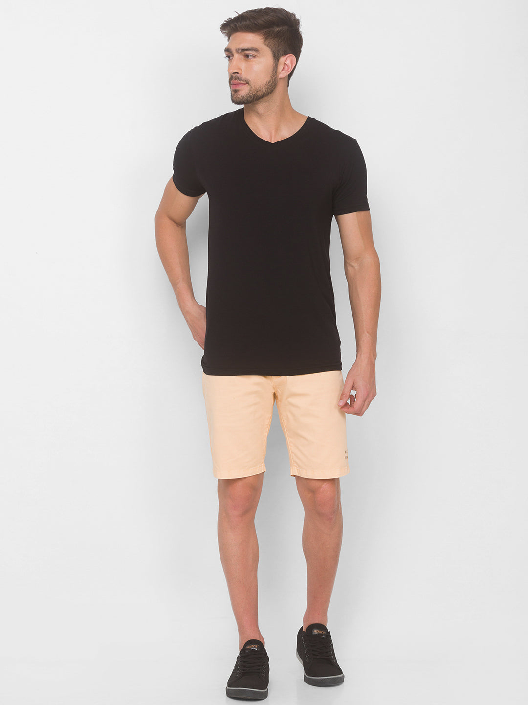 Spykar Men Light Beige Solid Relaxed Mid-Rise Shorts (Relaxed)