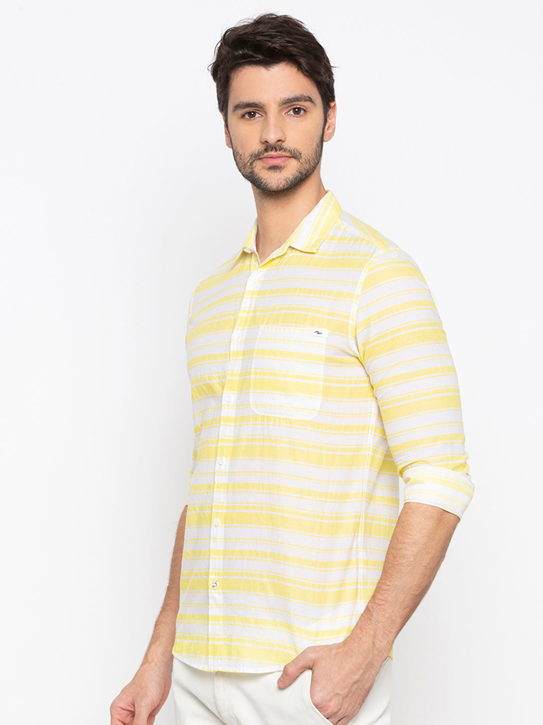 Spykar Men Lemon Yellow Cotton Slim Fit Shirt