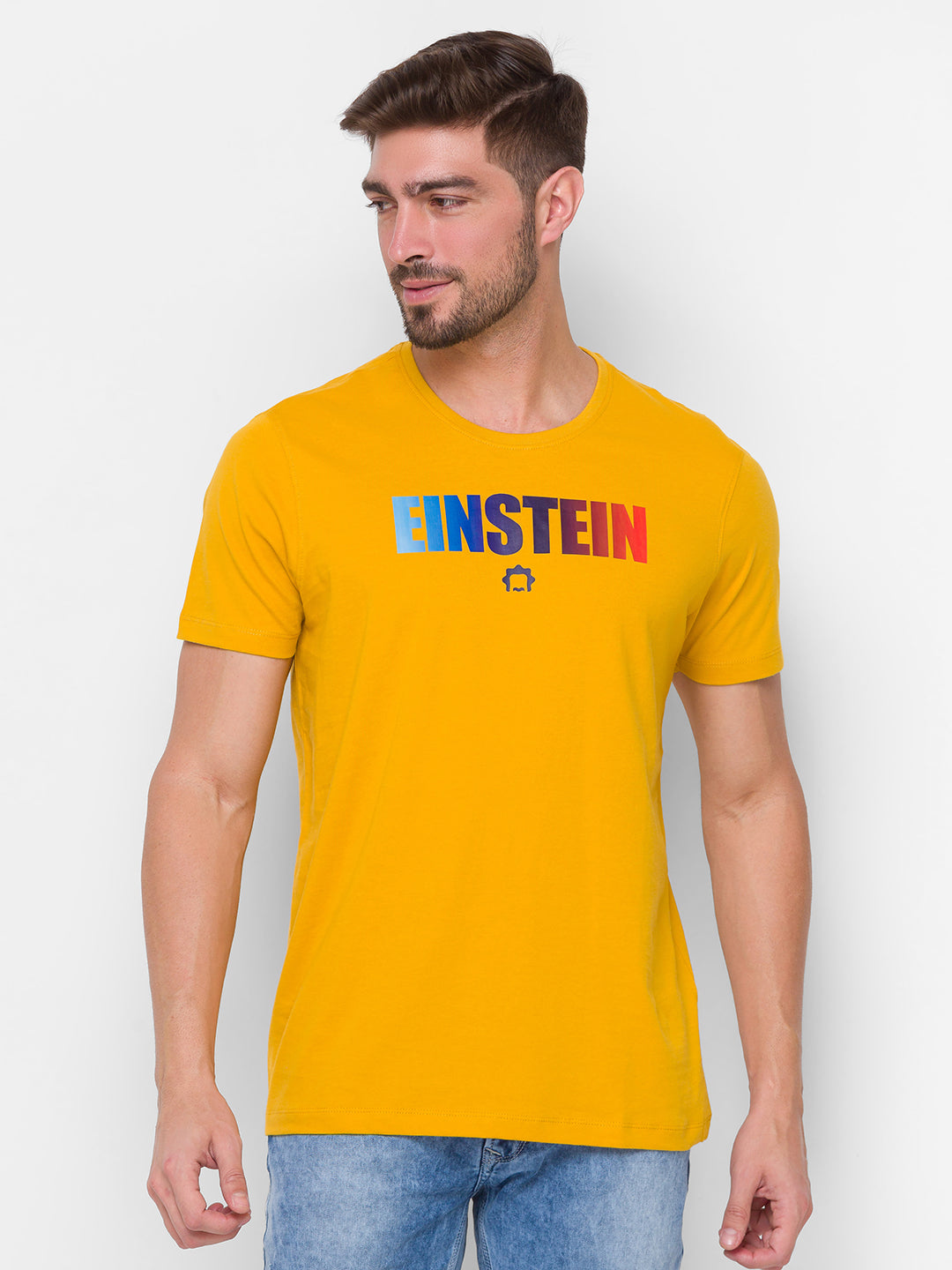 Albert Einstein Spykar Men Yellow Cotton Slim Fit Round Neck T-Shirt