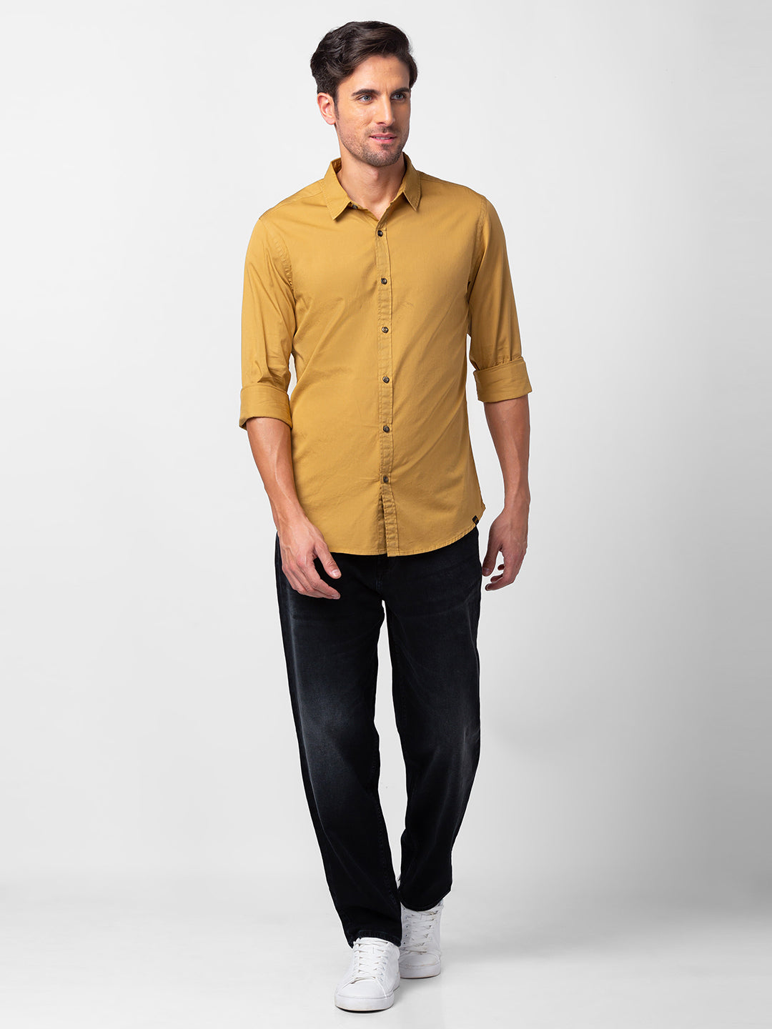 Spykar Men Camel Khaki Cotton Slim Fit Plain Shirt