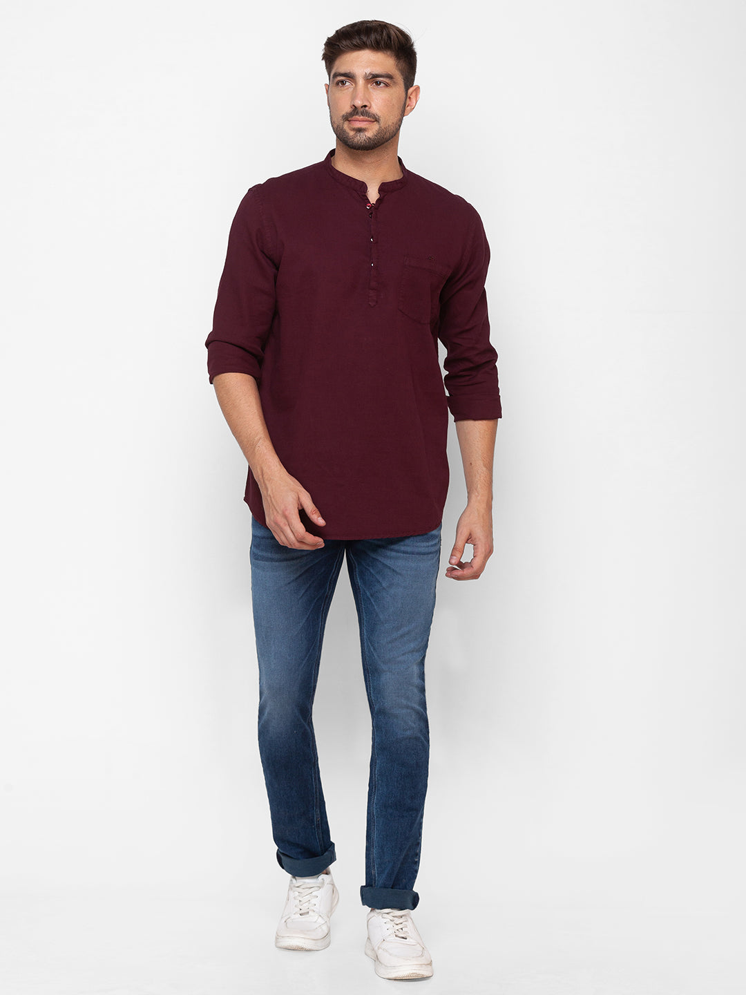 Spykar Wine Red Cotton Full Sleeve Plain Shirt For Men