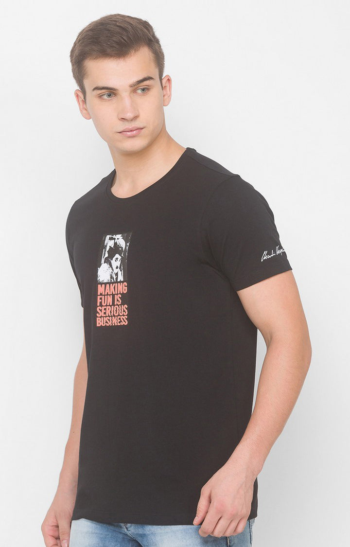 Charlie Chaplin Spykar Men Black Cotton Slim Fit Round Neck Printed T-Shirt