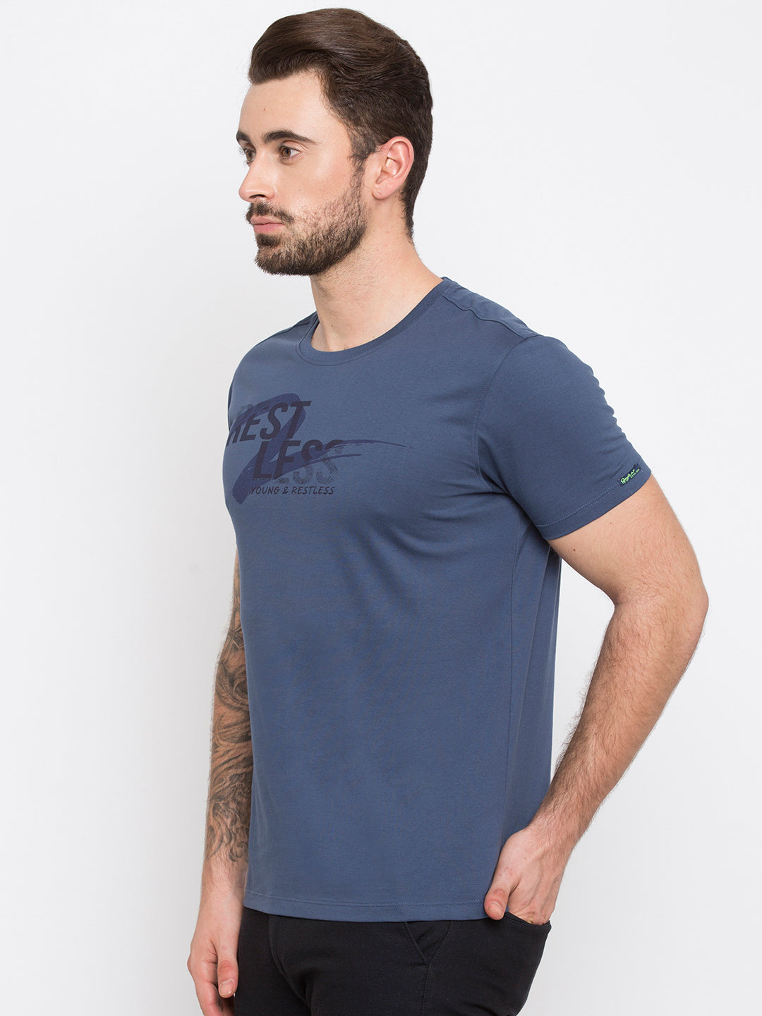 Spykar Men Blue Cotton Slim Fit Round Neck T-Shirt