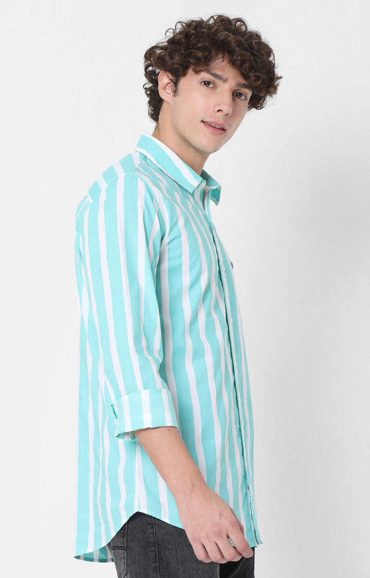 Spykar Slim Fit Green Full Sleeve Striped Shirts For Mens