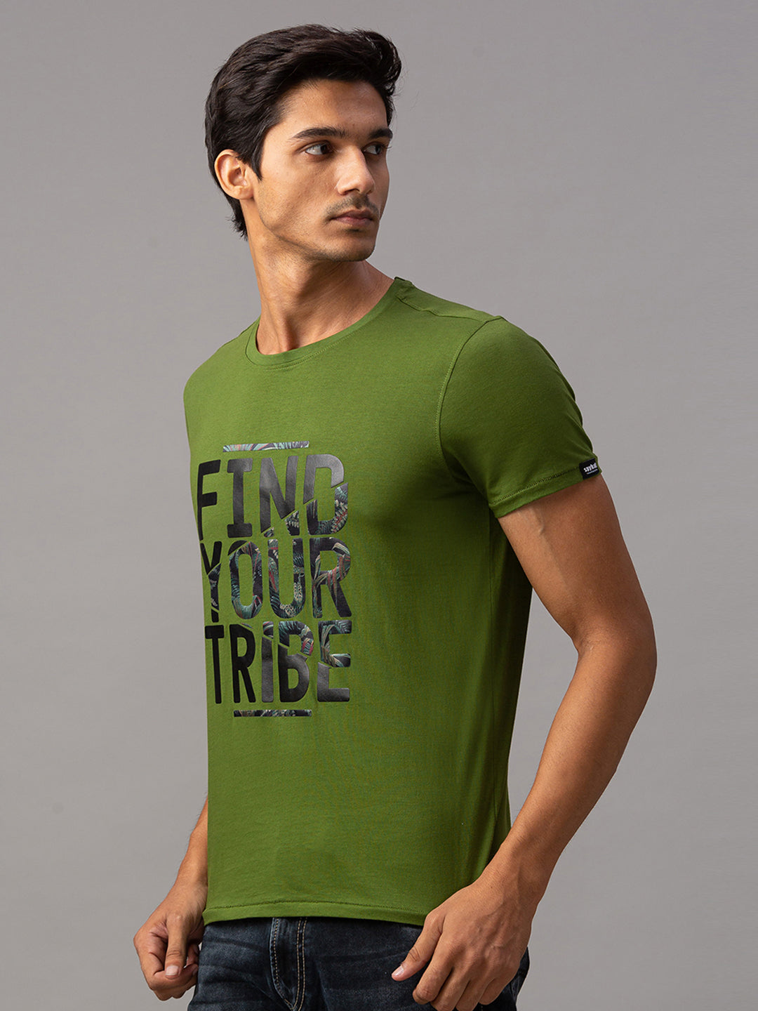 Spykar Men Green Cotton Slim Fit Round Neck T-Shirt