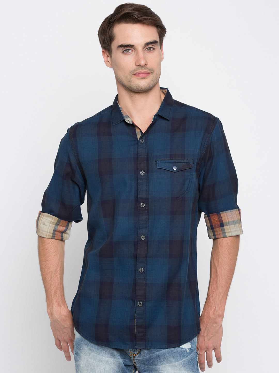 Spykar Men Navy Checked Slim Fit Casual Shirt