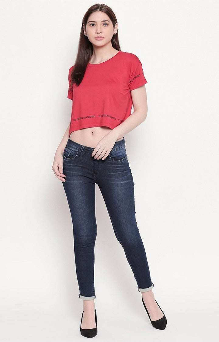 Spykar Women Red Viscose Slim Fit Round Neck Crop T-Shirt