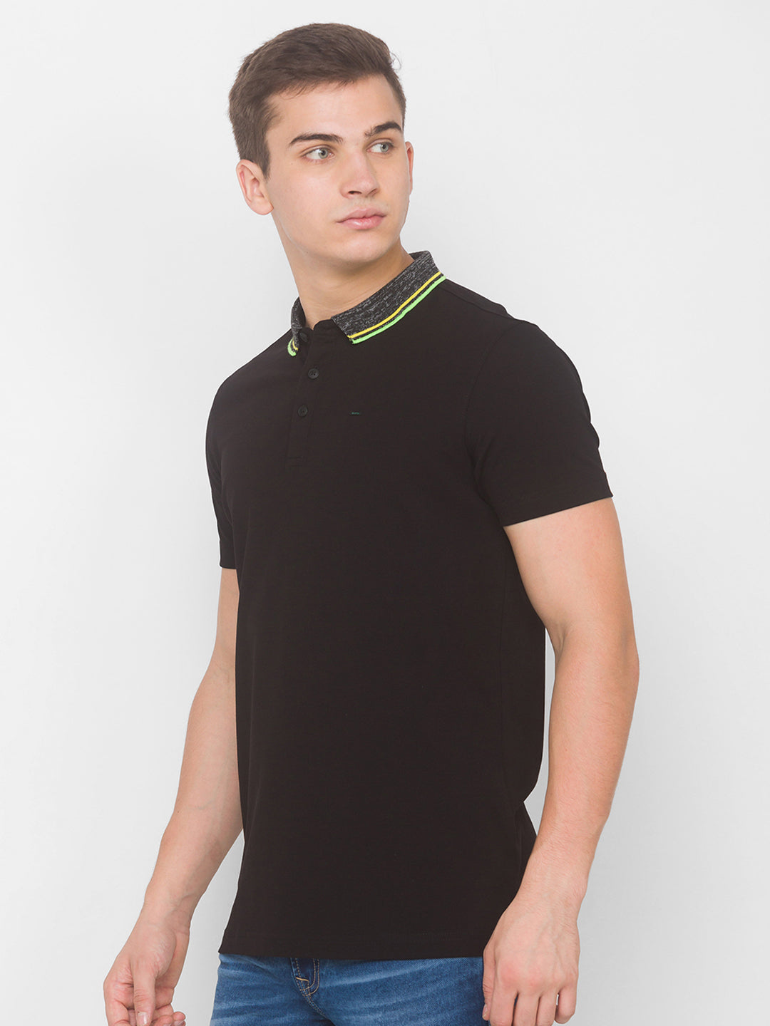 Spykar Men Black Cotton Slim Fit Polo T-Shirt