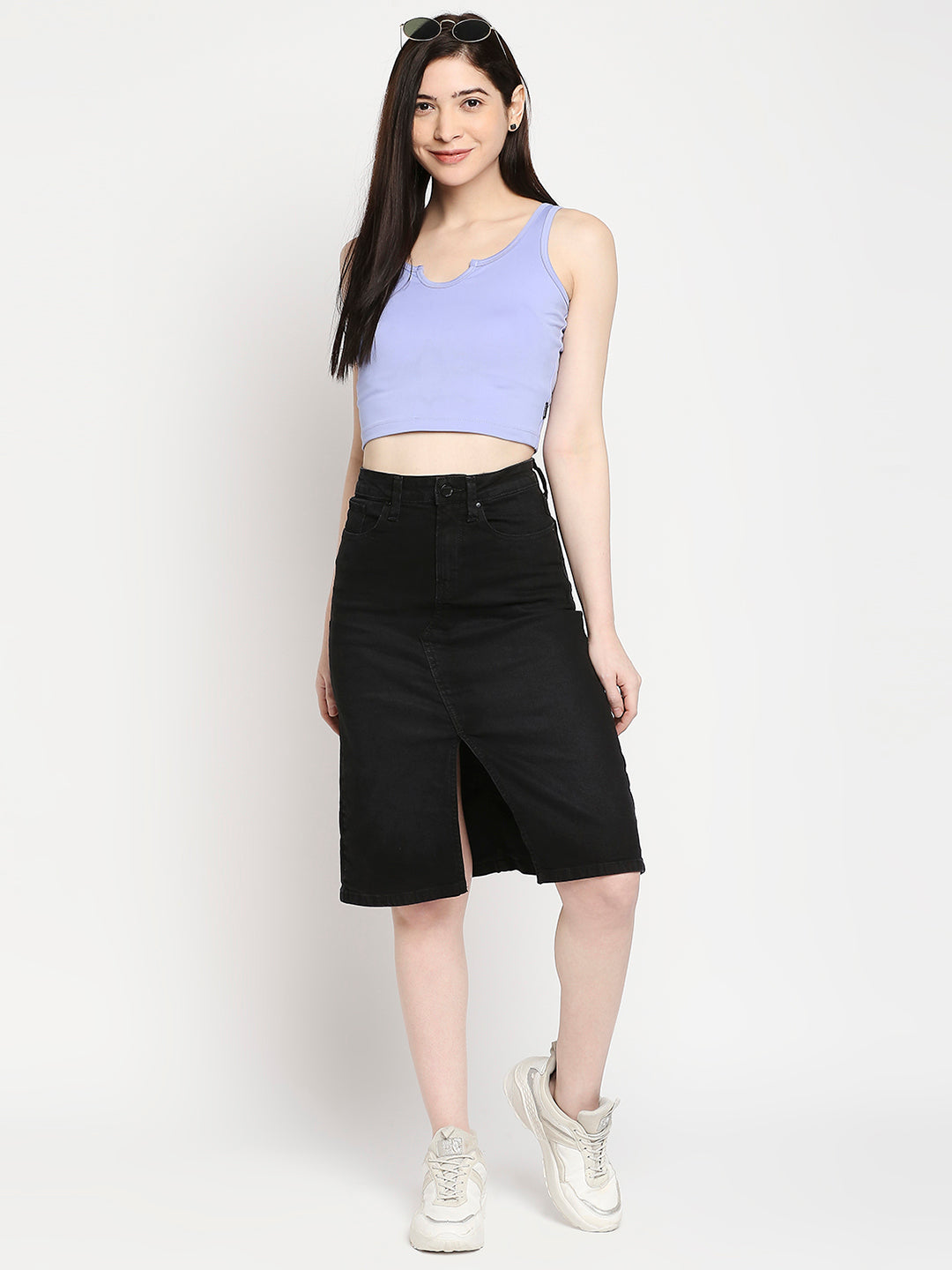 Spykar Black Cotton Straight Fit Regular Length Skirt For Women (Bella)