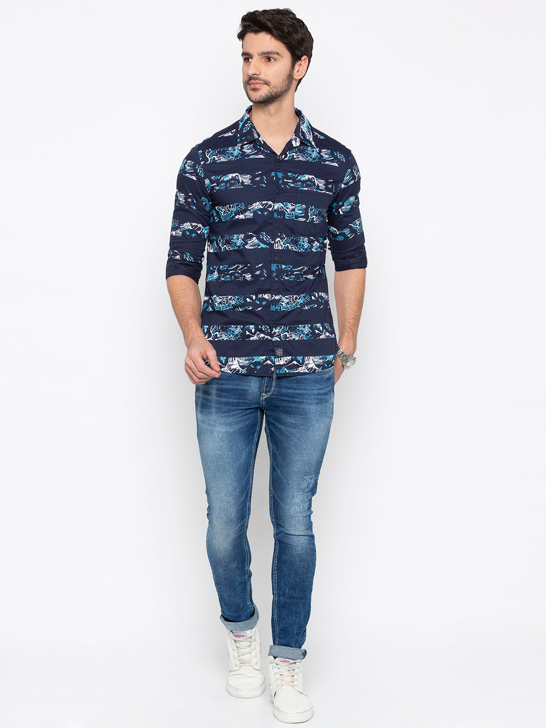 Spykar Men Navy Printed Slim Fit Casual Shirt