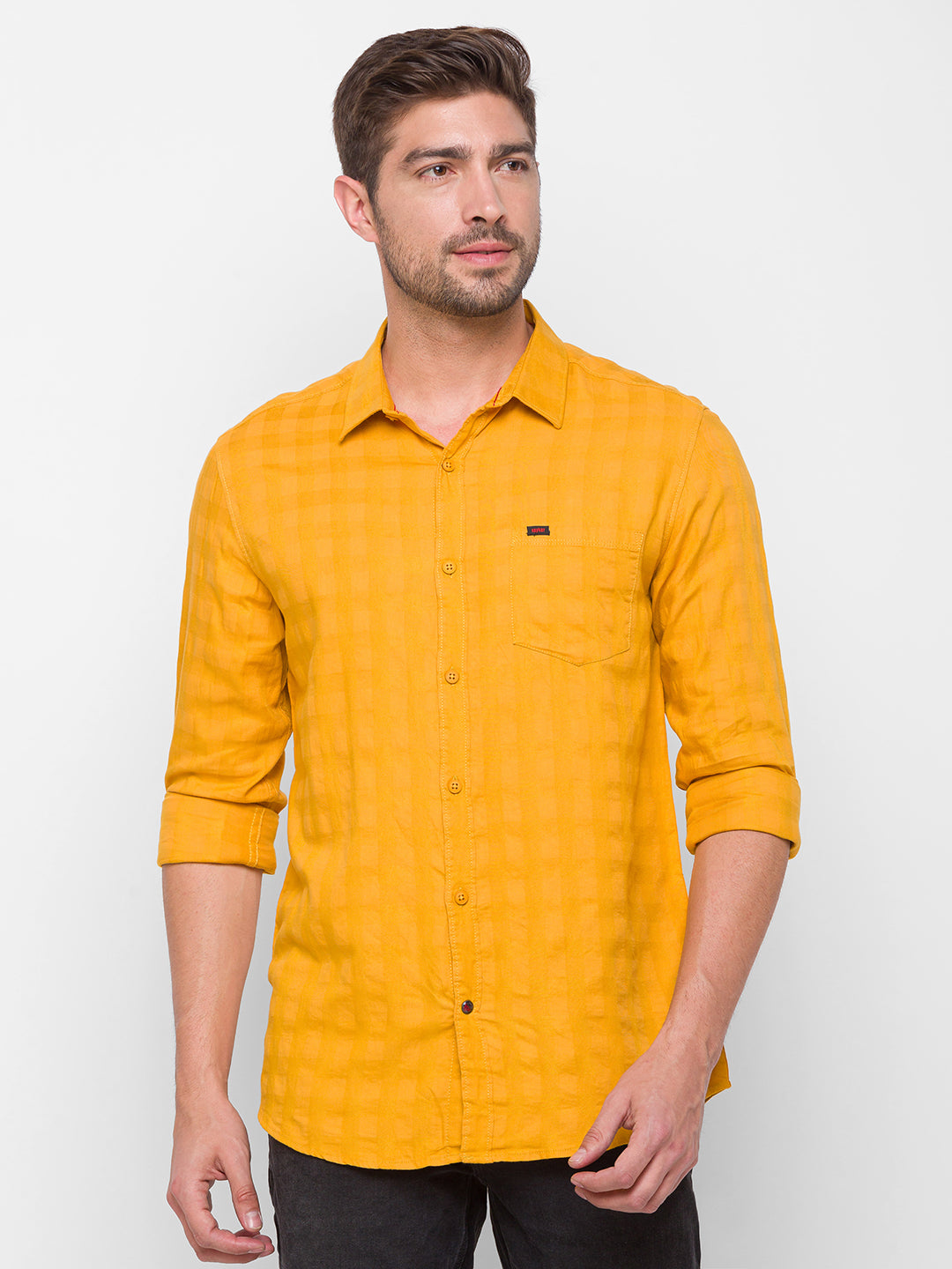 Spykar Yellow Cotton Slim Fit Shirts For Men